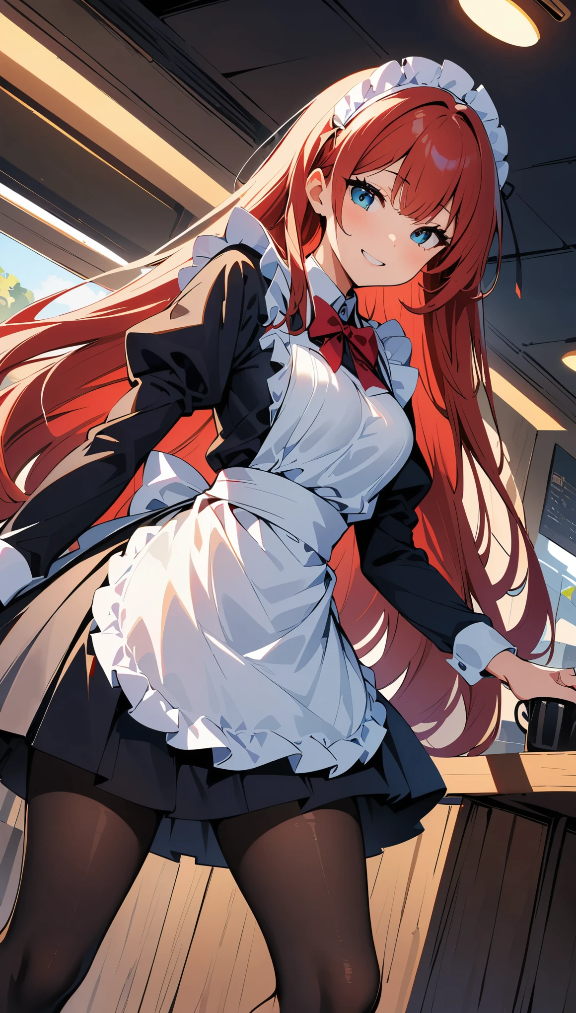 (high quality, 8k, 4K, High Contrast, masterpiece:1.2, 最high quality, Best aesthetics), Beauty, Maid, Very detailed, Seductive and erotic girl with lace headdress, smile, (red hair, Super long straight hair), Focus on the face, Focus on the face, Complex eyes, tights, 40デニールの黒tights, coffee shop, Low angle shot, Dynamic Angle,