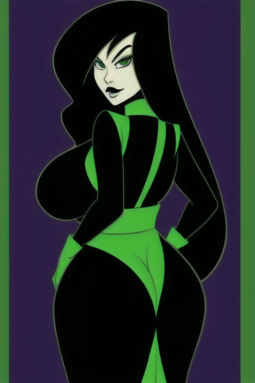 shego, 1girl, ((maid dress)), black hair, black lips, green eyes, lips, long hair, looking at viewer, makeup, multicolored clothes, gigantic breasts, wide hips