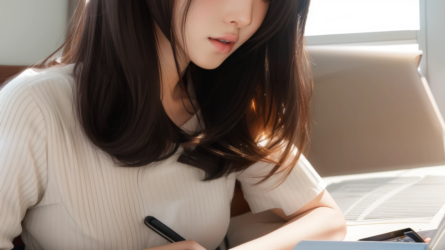 Woman sitting at a table with a laptop and a notebook, study in a brightly lit room, study, studying in the bedroom, Trying to study, anime. Soft lighting, anime girl in real life, elegant study, Portrait of a Japan teenager, Beautiful images, sakimichan, Young Asian Woman, student, Barely at home, realistic anime 3 d style