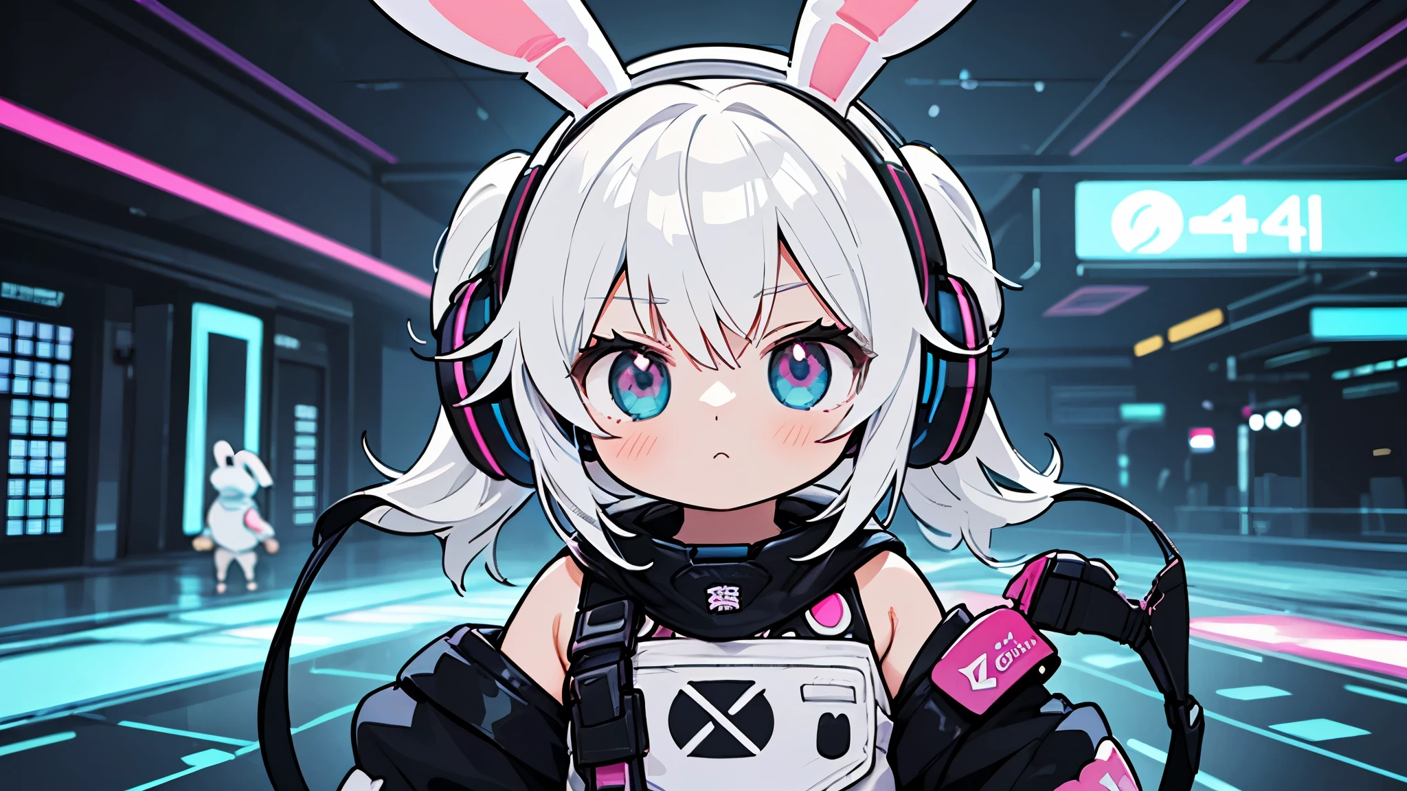 Anime white hair girl with headphones, wearing rabbit ears, cyberpunk outfit, Digital anime illustration, Splash art anime , Cute art style, Anime Style 4k, vivid color, psychedelic,weapons of the future