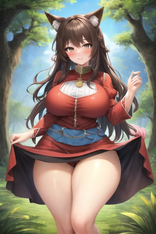 masterpiece, best quality, 1girl, forest, brown hair, long hair, fox ears, brown eyes, cute, blushing, (fully dressed, medieval villager clothes:1.4), (slim waist, curvy, big breasts, thick thighs:1.1)
