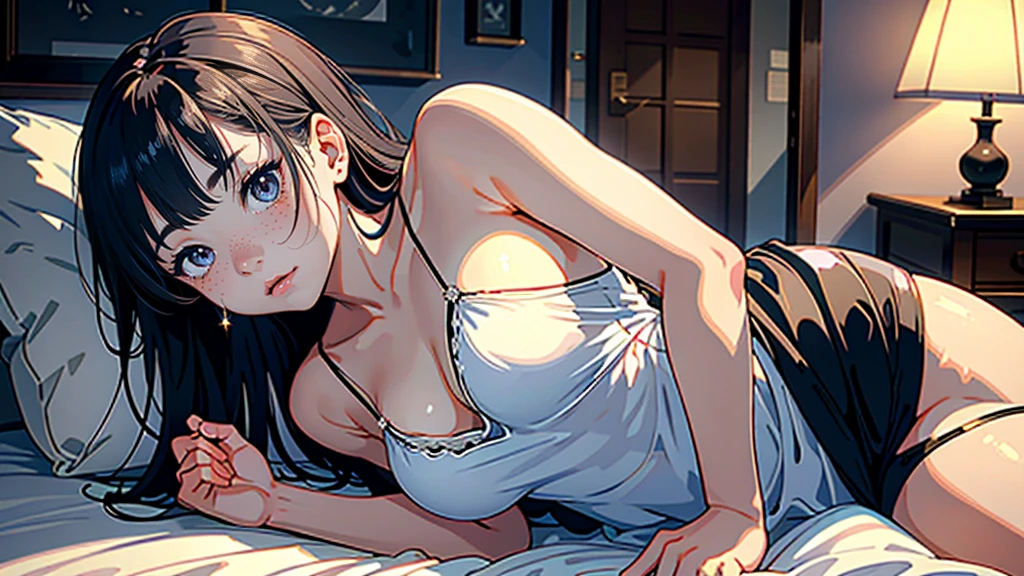 masterpiece, highest quality, (Highly detailed CG Unity 8k wallpaper), (highest quality), (Best illustrations), (Best Shadow), Confused, Realistic lighting, (abyss), Beautiful and delicate shine,Random Pause,((Silk camisole dress)),Cute freckles on the cheeks,Mole under left eye, Sunburn mark, Japanese Model, Young sensual gravure idol, yasumoto oka, A real young gravure idol, A woman who is shy when the camera is pointed at her,赤くなったSunburn mark,I'm embarrassed when people see my stomach,Look upwards,