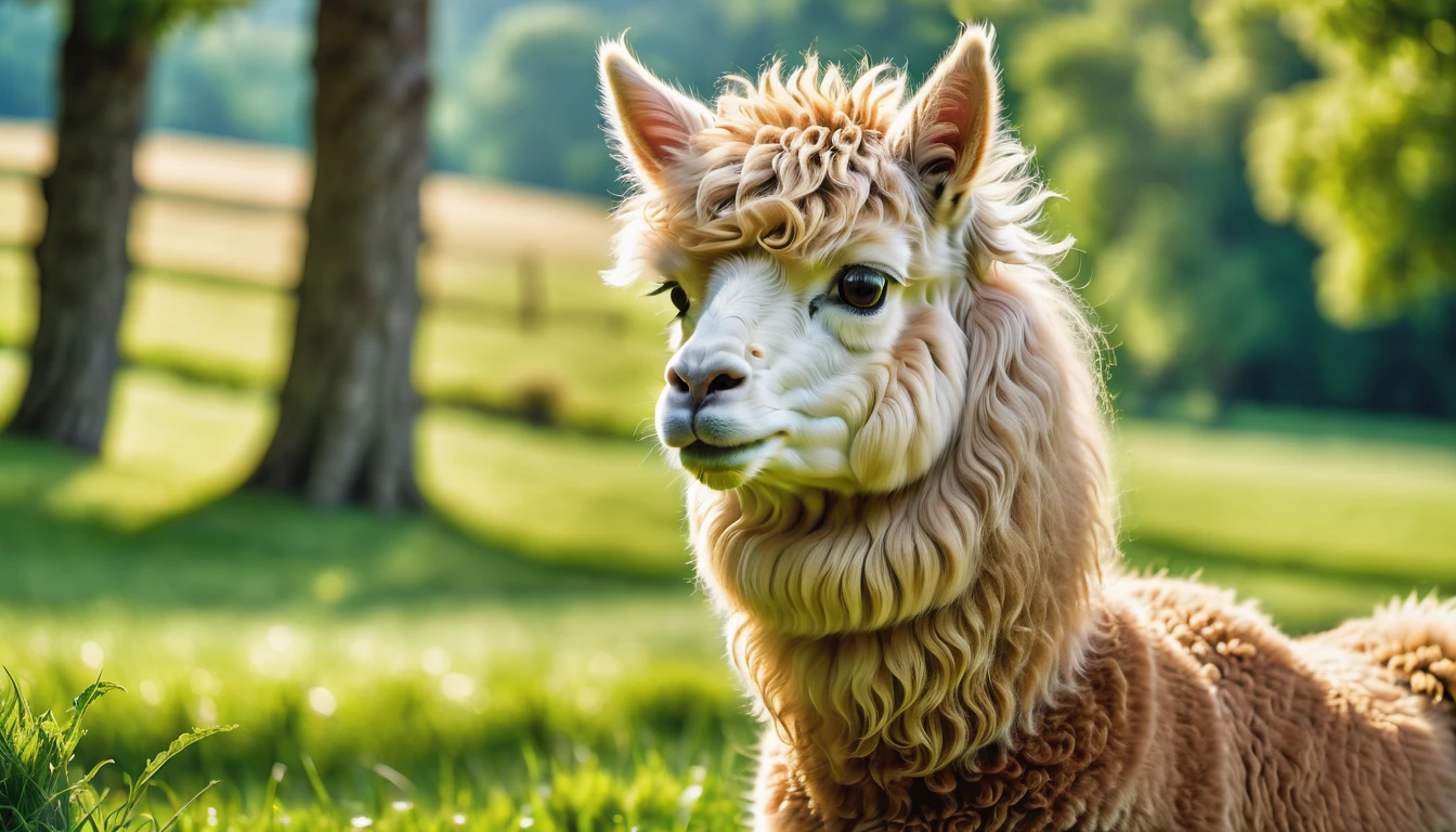 a fluffy alpaca,beautiful detailed fur,curly hair,bright eyes,cute expression,peaceful in a green pasture,soft natural lighting,vivid colors,realistic portrait effect,a masterpiece:1.2,ultra-detailed,close-up shot,natural scenery,calm atmosphere,gentle creature,majestic presence,harmonious with nature,bokeh
