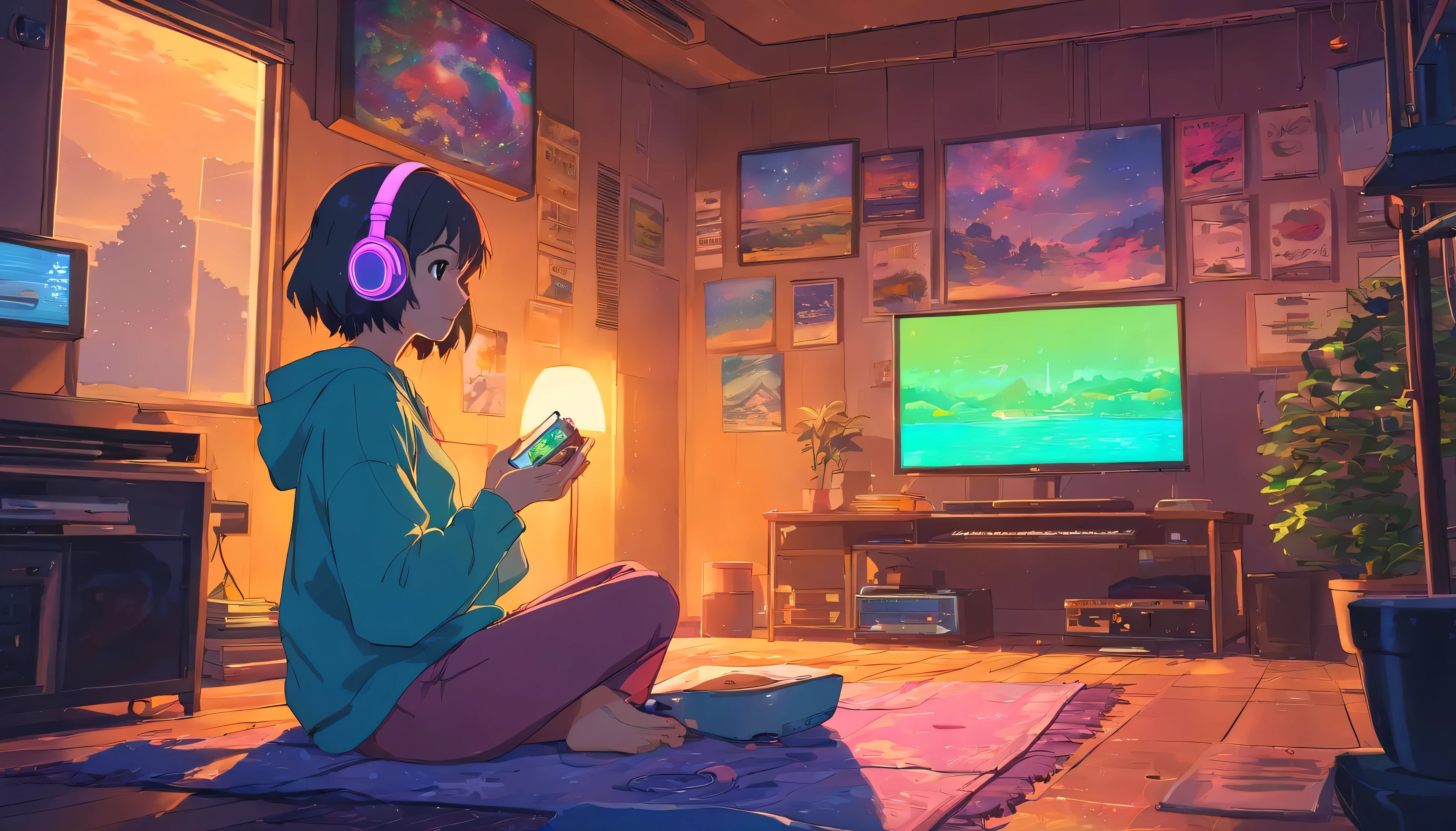 European hippie girl meditating in her room, dream, Wear headphones, Night lighting, Neon scenery on a rainy day, Analog Color Theme, Lo-fi hip hop , review, flat, 2.5D ,Draw a line, Ink drawing, Large slope, Watercolor, Goosh Colors, Studio Ghibli style, Great colorful, Outerton, Krautlock, Lofi Art, 70s style,Old Texture, amplitude,Psychedelic atmosphere, masterpiece, Great technology,