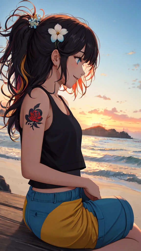 (masterpiece, best quality, ultra detailed, ultra high resolusion, highres,8k:1.4), BREAK,20_years_old, 1giri sitting-on-the-the edge-of-the-waves,smile, beach, (looking away:1.7), (dark_skin:1.2),(tribal_tatoo:1.2),(wavy hairs),(messy hair),(asymmetry bangs),(multicolored hair),
Tsurime Eyes, (((blue eyes))),
((flower hair ornament)),(shortpants,tanktop:1.4), sunset, from side,