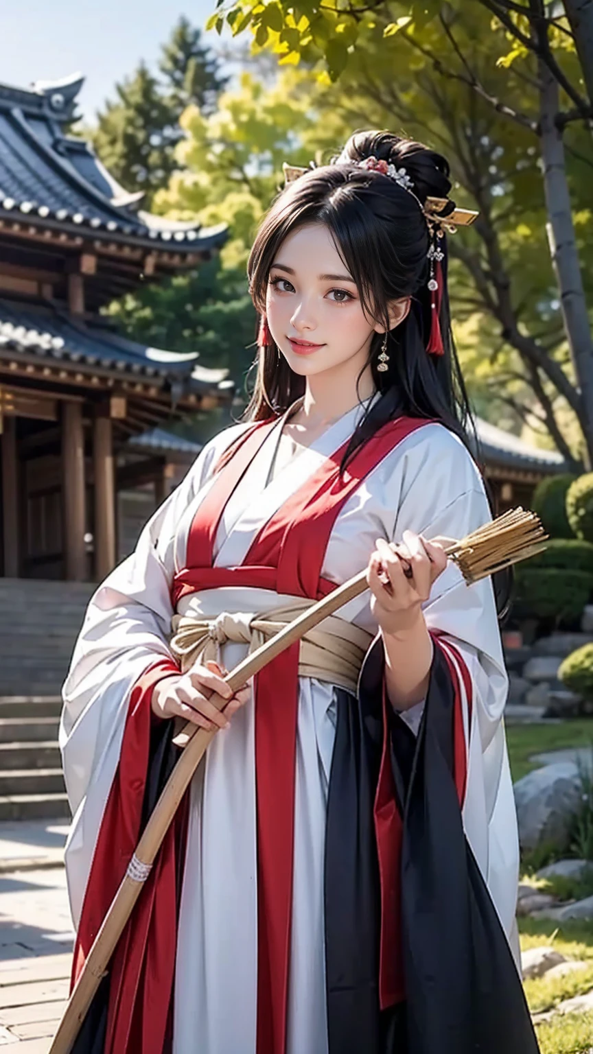 blonde hair, gradient hair, hair over shoulder, hair behind ear, longeyelashes, light smile, Surrealism, depth of field, atmospheric perspective, foreshortening, UHD, anatomically correct, highres, 16k、
((最high quality, 8K, masterpiece: 1.3, Ultra HD, high quality, 最high quality, High resolution, realism)) 、(High saturation:1.0), (Highly detailed skin), (最high quality:1.0), (超High resolution:1.0) ,(Realistic:1.0), (Very detailed:1.0), (8K, Raw photo:1.1), slender、Slender, muscular body that's toned like an athlete's、I want my head to stay off screen、25 year old Japanese woman、shiny black hair、black eye、long hair、Hair above one eye、smile、On the approach to a Japanese shrine、She is a shrine maiden.、Sweeping the grounds with a bamboo broom、Grinning ((light smile))、half updo, 8k
