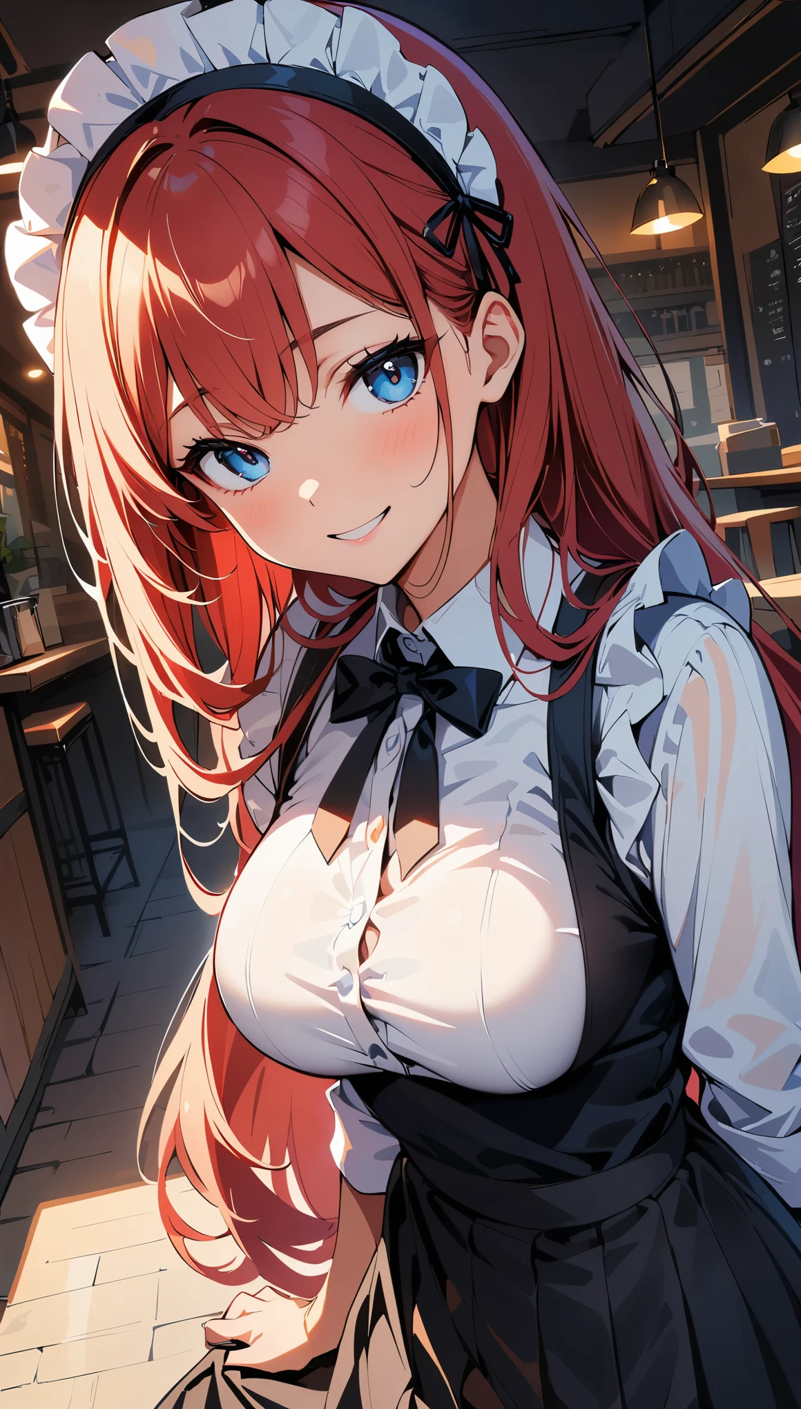 (high quality, 8k, 4K, High Contrast, masterpiece:1.2, 最high quality, Best aesthetics), Beauty, Maid, Very detailed, Seductive and erotic girl with lace headdress, smile, (red hair, Super long straight hair), Focus on the face, Focus on the face, Complex eyes, tights, 40デニールの黒tights, coffee shop, Low angle shot, Dynamic Angle,