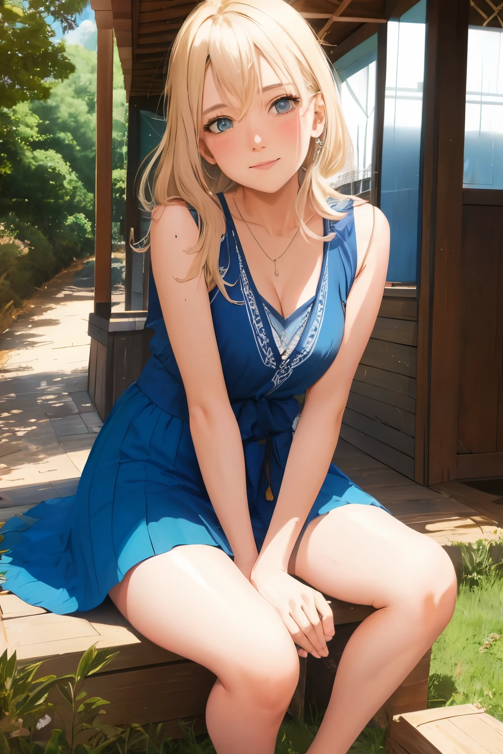 Australian needy girl, about 38 years old, in the village, summer, blushing expression, (masterpiece, best quality, ultra detailed, high resolution) 