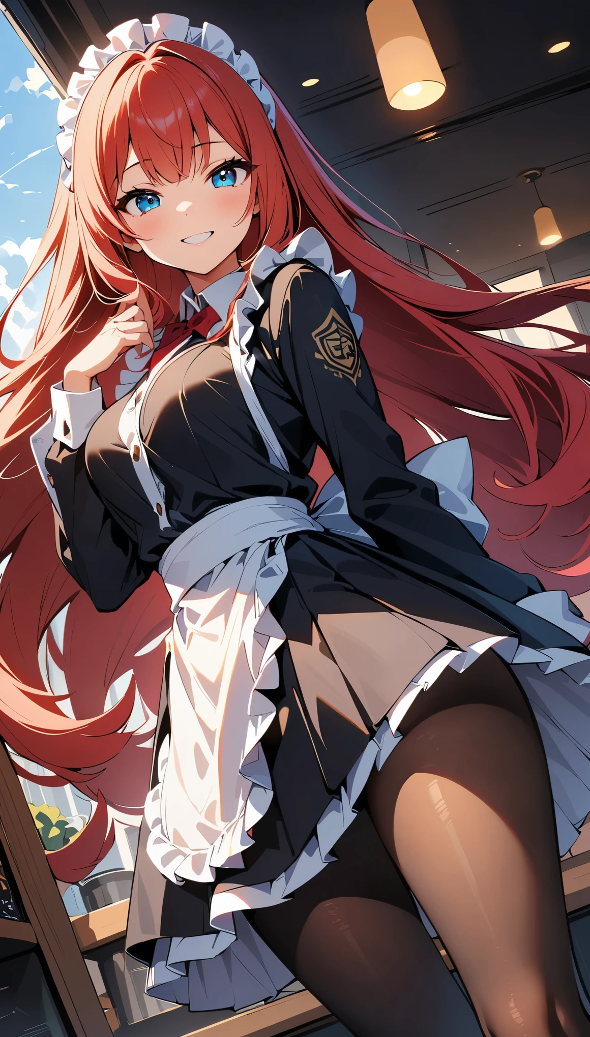 (high quality, 8k, 4K, High Contrast, masterpiece:1.2, 最high quality, Best aesthetics), Beauty, Maid, Very detailed, Seductive and erotic girl with lace headdress, smile, (red hair, Super long straight hair), Focus on the face, Focus on the face, Complex eyes, tights, 40デニールの黒tights, coffee shop, Low angle shot, Dynamic Angle,