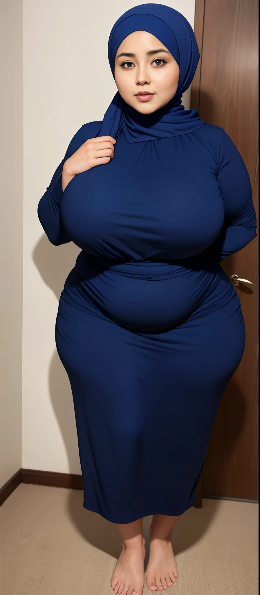 Chubby woman with fat belly and tight thighs, full body, 50-year-old mature woman, thick hips, thick neck, thick chest, big eyes, , wearing a hijab, hijabi woman, naked, nude