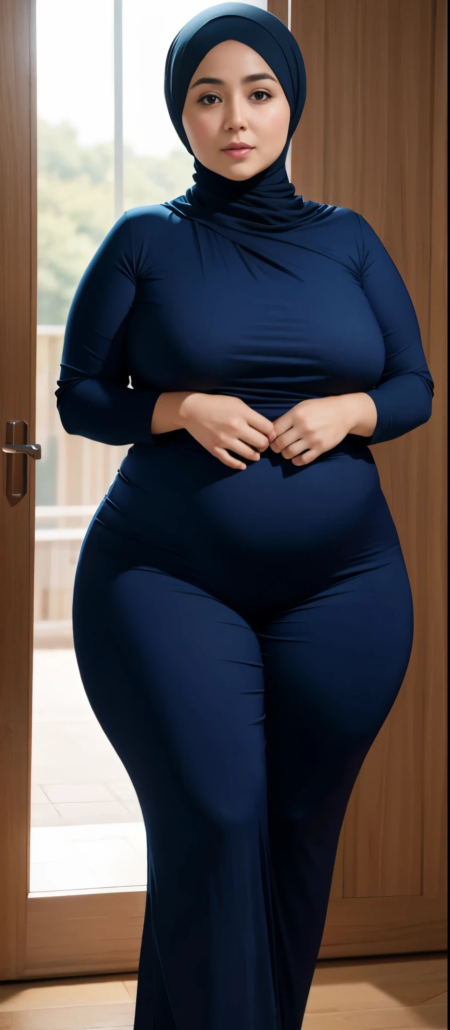 Chubby woman with fat belly and tight thighs, full body, 50-year-old mature woman, thick hips, thick neck, thick chest, big eyes, , wearing a hijab, hijabi woman, naked, nude