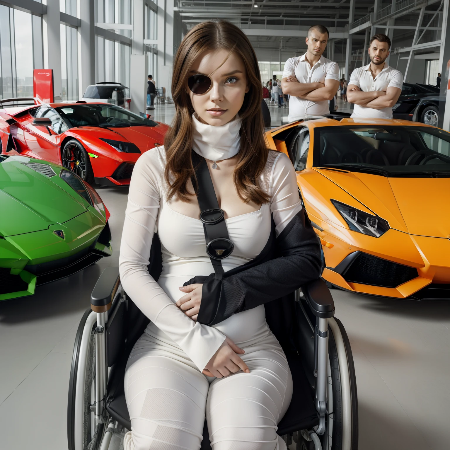 arafed woman in a wheelchair with a cast on her neck, pregnant, photo, realistic, masterpiece, detailed face, eyepatch, big belly, amouranth as a super villain, lamborghini aventador photoshoot, careless, better known as amouranth, jovana rikalo, anna nikonova aka newmilky, expensive visual effects, anastasia ovchinnikova, injured, amouranth, masterpiece work of art, maxim sukharev