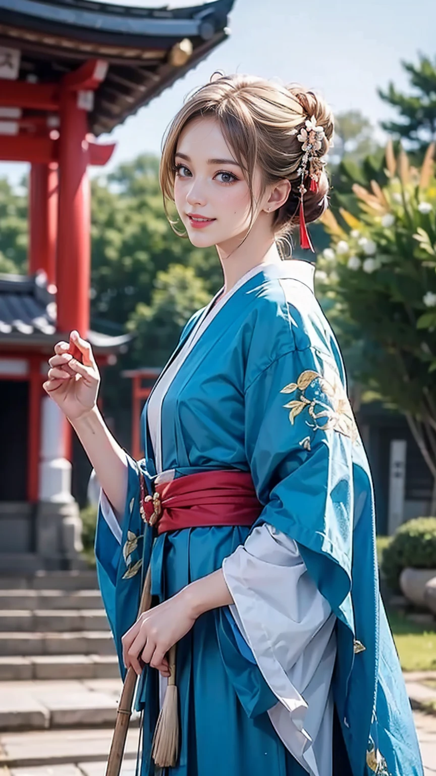 blonde hair, gradient hair, hair over shoulder, hair behind ear, longeyelashes, light smile, Surrealism, depth of field, atmospheric perspective, foreshortening, UHD, anatomically correct, highres, 16k、
((最high quality, 8K, masterpiece: 1.3, Ultra HD, high quality, 最high quality, High resolution, realism)) 、(High saturation:1.0), (Highly detailed skin), (最high quality:1.0), (超High resolution:1.0) ,(Realistic:1.0), (Very detailed:1.0), (8K, Raw photo:1.1), slender、Slender, muscular body that's toned like an athlete's、I want my head to stay off screen、25-year-old Caucasian female、Shiny blonde hair、blue eyes、long hair、Hair above one eye、smile、On the approach to a Japanese shrine、She is a shrine maiden.、Sweeping the grounds with a bamboo broom、Grinning ((light smile))、half updo, 8k