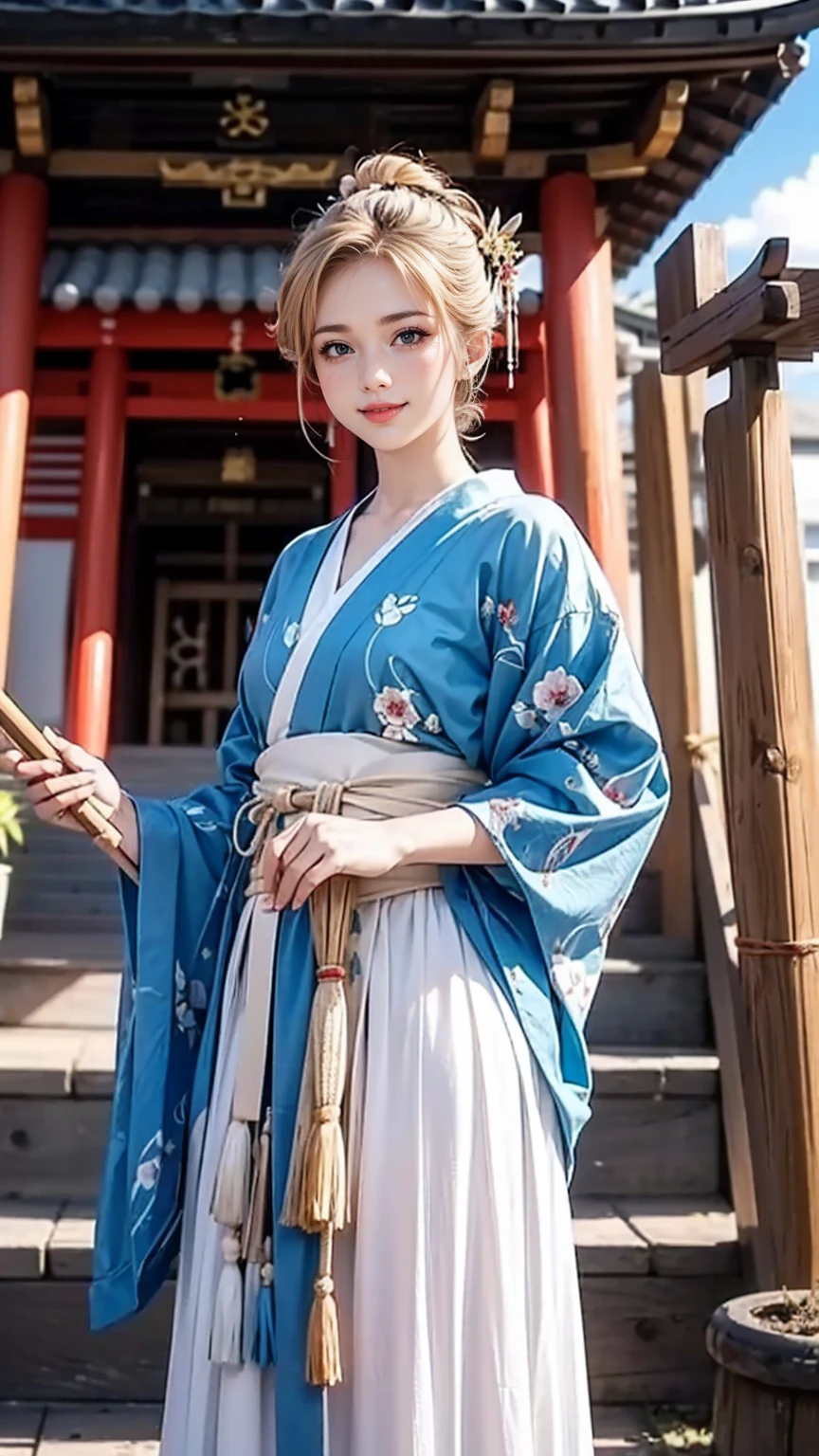 blonde hair, gradient hair, hair over shoulder, hair behind ear, longeyelashes, light smile, Surrealism, depth of field, atmospheric perspective, foreshortening, UHD, anatomically correct, highres, 16k、
((最high quality, 8K, masterpiece: 1.3, Ultra HD, high quality, 最high quality, High resolution, realism)) 、(High saturation:1.0), (Highly detailed skin), (最high quality:1.0), (超High resolution:1.0) ,(Realistic:1.0), (Very detailed:1.0), (8K, Raw photo:1.1), slender、Slender, muscular body that's toned like an athlete's、I want my head to stay off screen、25-year-old Caucasian female、Shiny blonde hair、blue eyes、long hair、Hair above one eye、smile、On the approach to a Japanese shrine、She is a shrine maiden.、Sweeping the grounds with a bamboo broom、Grinning ((light smile))、half updo, 8k
