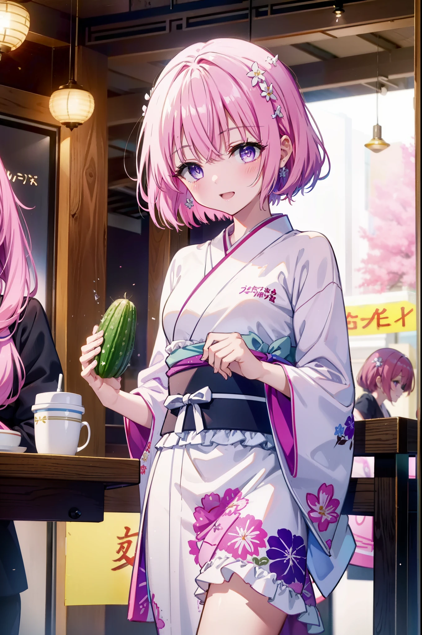 Momodeviluke, Deviluke type, demon tail, Hair Flowers, hair ornaments, (Purple eyes:1.1), Pink Hair, short hair, tail, smile,
break demon tail, Long Hair,happy smile, smile, Open your mouth,blush,Idol-style white kimono,long furisode,White mini cucumber,White tights,Zori sandals,tray, tray in one hand,A beautiful waitress with Long Hair comes to the table to take our order,As if your whole body is in the illustration,
break looking at viewer, (Cowboy Shot:1. 5)
break indoors, coffee shop,
break (masterpiece:1.2), highest quality, High resolution, unity 8k wallpaper, (figure:0.8), (beautiful detailed eyes:1.6), extremely detailed face, Perfect lighting, extremely detailed CG, (Perfect hands, Perfect Anatomy),
