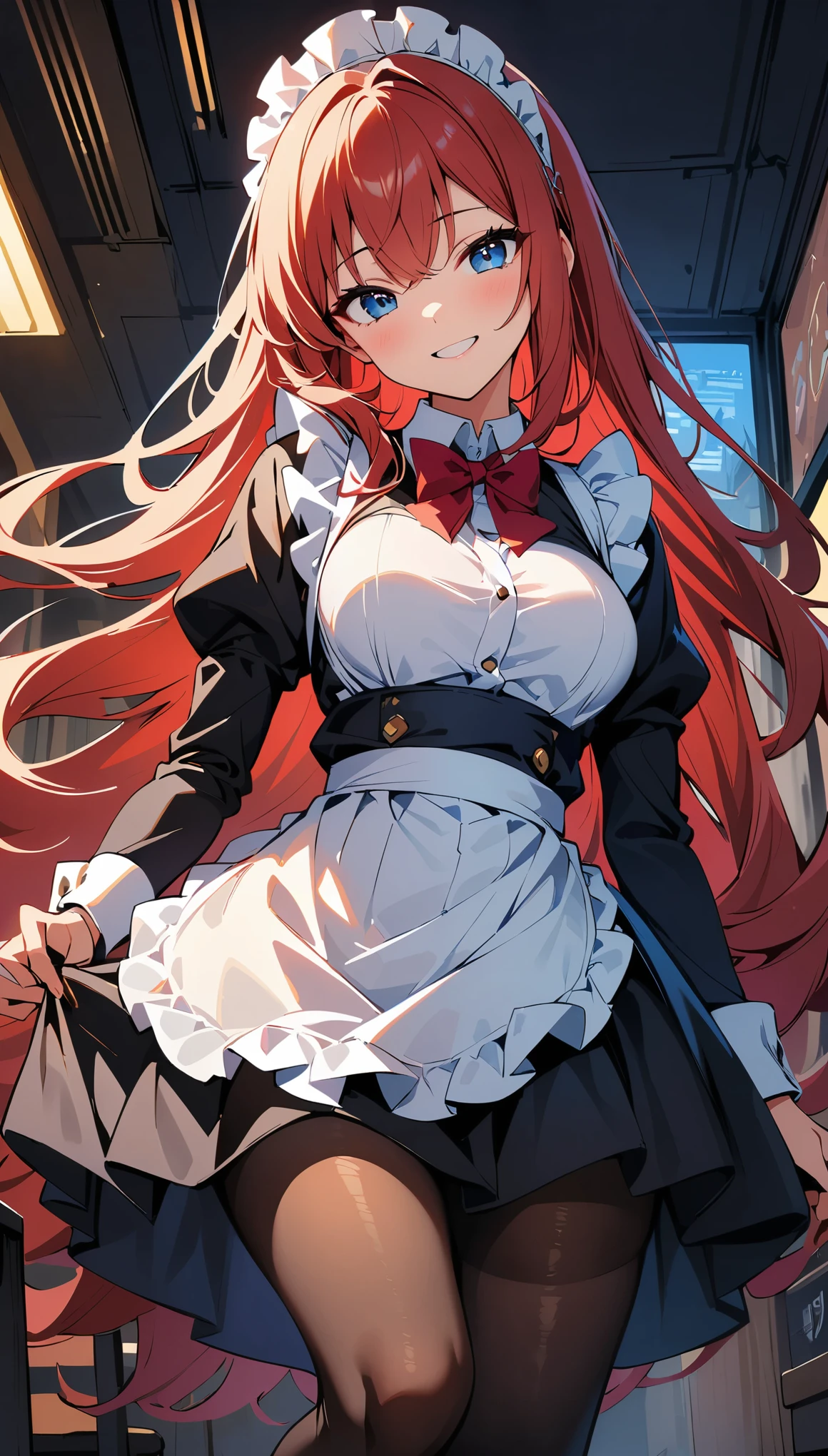 (high quality, 8 k, 4K, high contrast, masterpiece:1.2, 最high quality, best aesthetics), beauty, maid, Very detailed, Seductive and erotic girl in a lace headdress, smile, (Red hair, Super long straight hair), focus on the face, focus on the face, compound eyes, Tights, 40デニールの黒Tights, coffee shop, low angle shot, dynamic angle,
