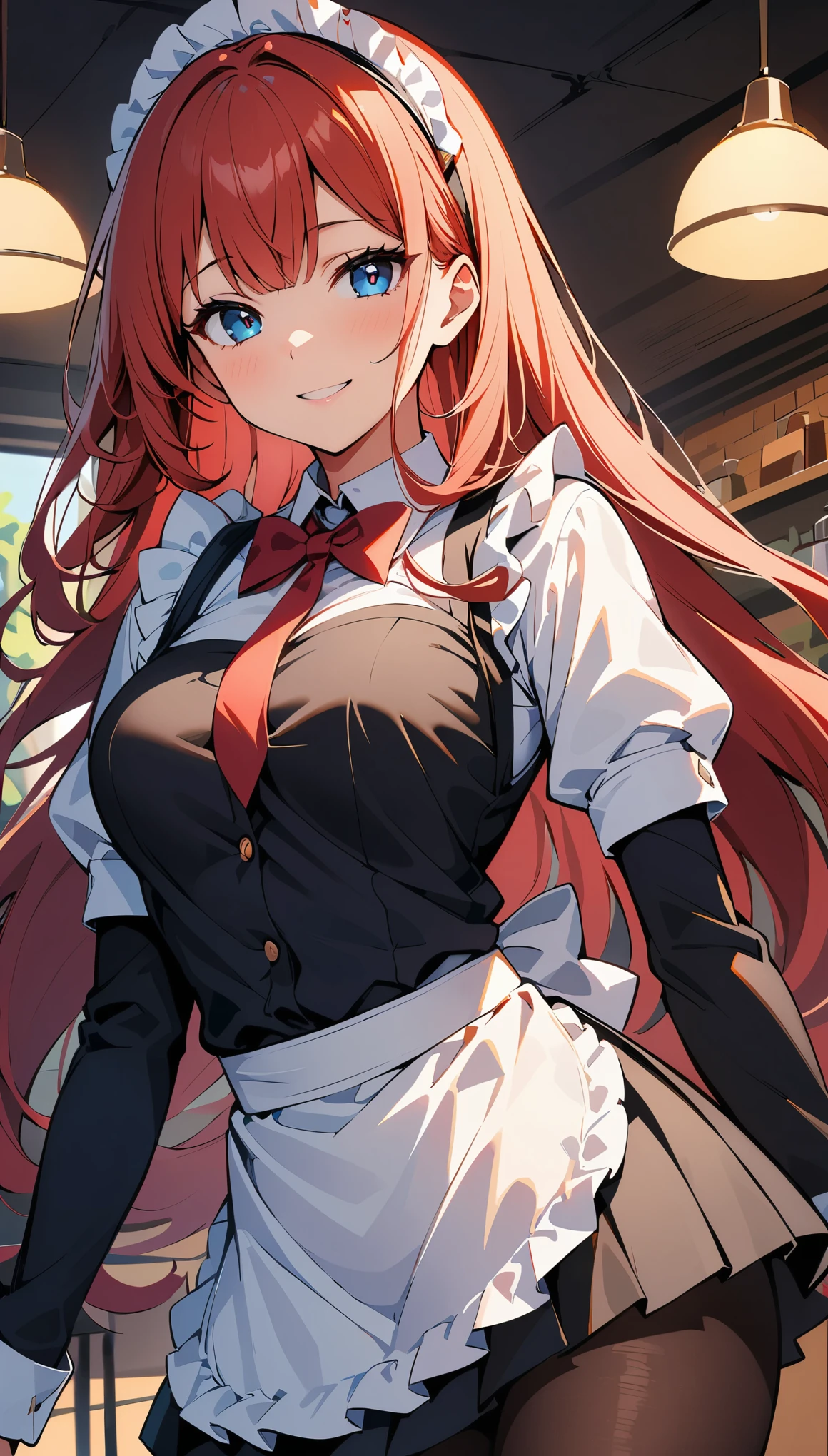 (high quality, 8k, 4K, High Contrast, masterpiece:1.2, 最high quality, Best aesthetics), Beauty, Maid, Very detailed, Seductive and erotic girl with lace headdress, smile, (red hair, Super long straight hair), Focus on the face, Focus on the face, Complex eyes, tights, 40デニールの黒tights, coffee shop, Low angle shot, Dynamic Angle,