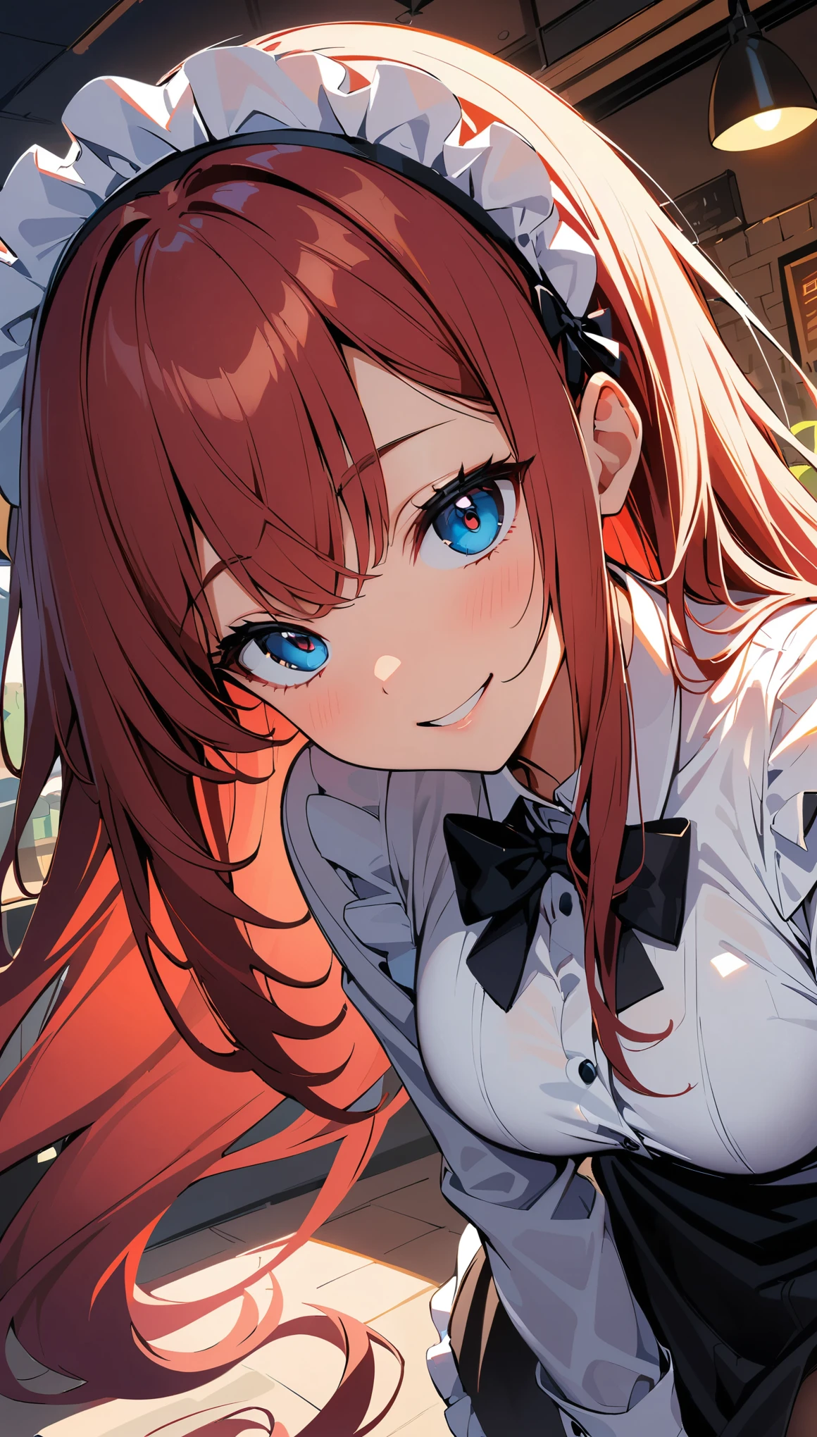 (high quality, 8k, 4K, High Contrast, masterpiece:1.2, 最high quality, Best aesthetics), Beauty, Maid, Very detailed, Seductive and erotic girl with lace headdress, smile, (red hair, Super long straight hair), Focus on the face, Focus on the face, Complex eyes, tights, 40デニールの黒tights, coffee shop, Low angle shot, Dynamic Angle,