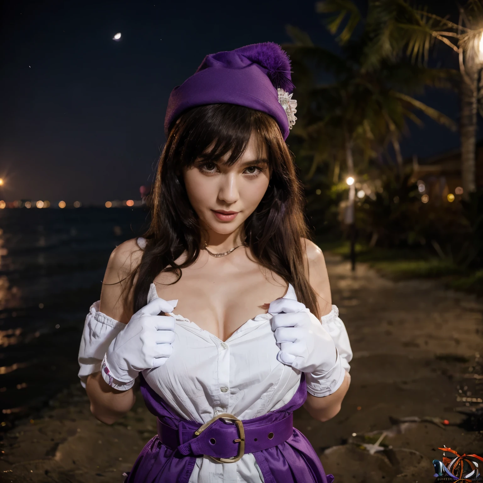 masterpiece, best quality, musse egret, purple hat, hairclip, green ribbon, purple jacket, white gloves, belt, purple miniskirt, upper body, blushing, smile, looking at viewer, beach, night, moon, fireworks, hands to chest