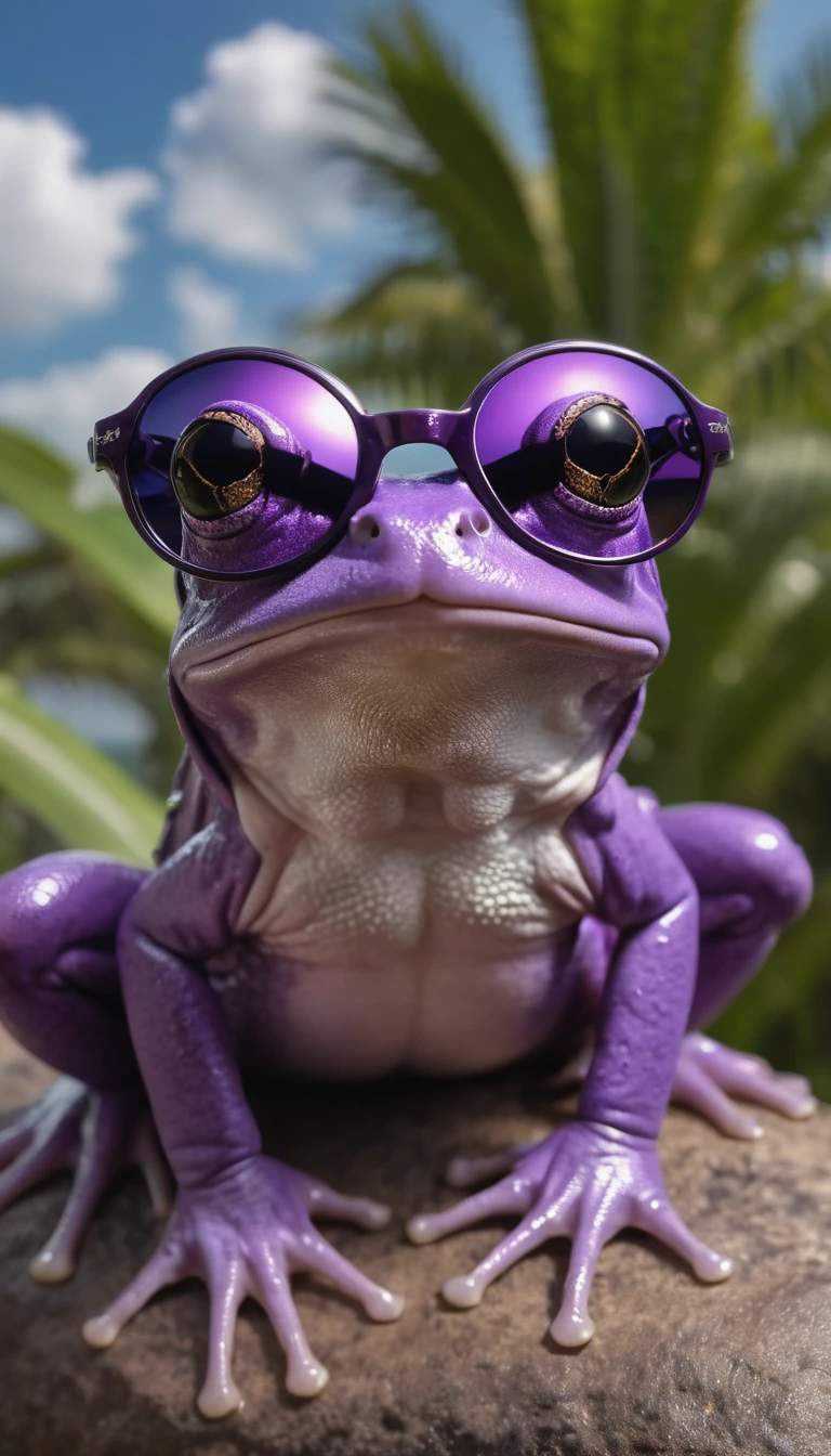 Ultra detailed photo of a purple frog wearing sunglasses under a tropical sky, daytime,|photographique, Realism is pushed to the extreme, Delicate texture, Lifelike, Movie, large format camera, Photorealism, DSLR camera, 8k ultra high definition, HDR, Super detailed, high quality, High contrast