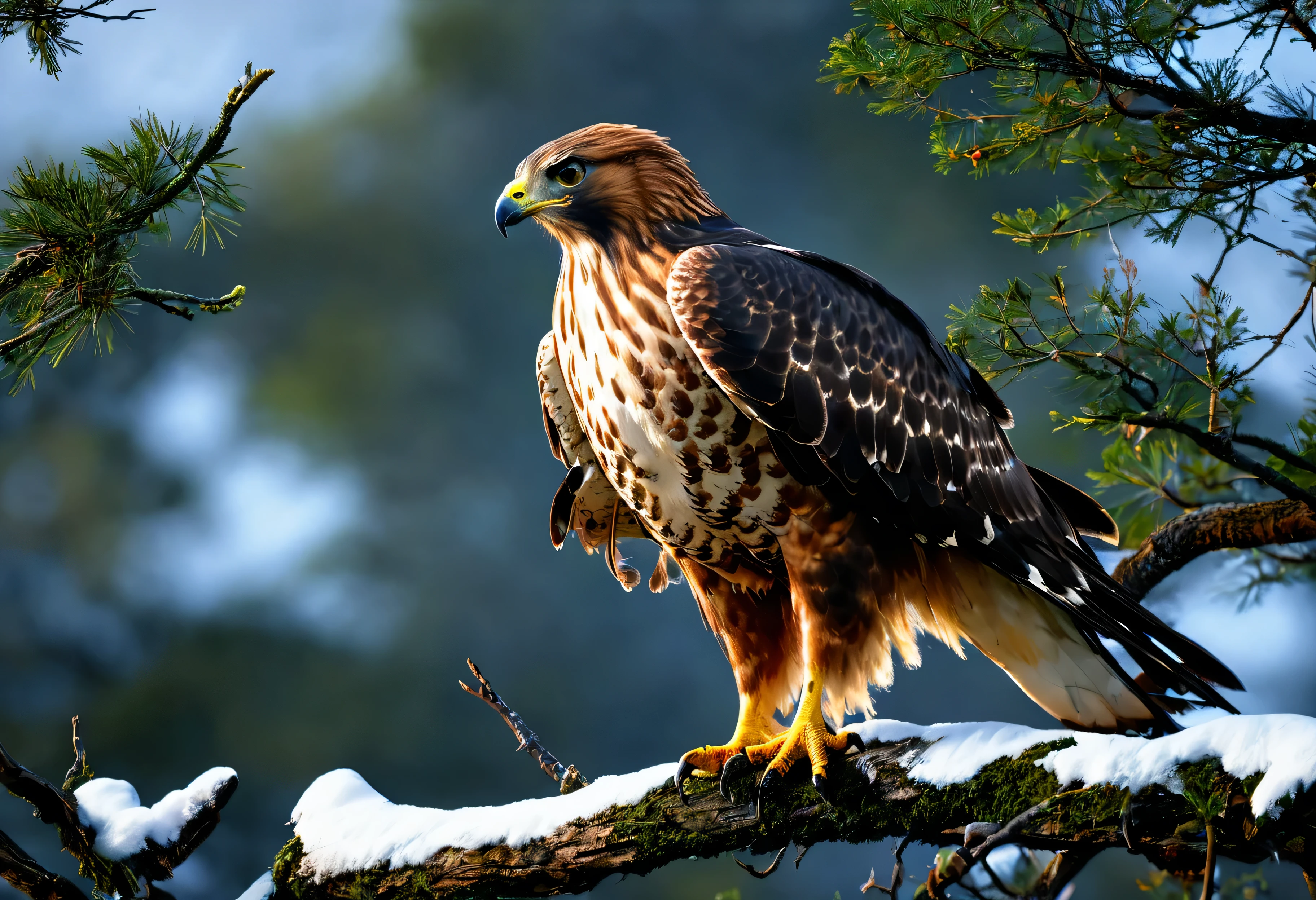 hawk, One beautiful, high resolution, high quality, master piece, Brave, photo, 8K, in the tree