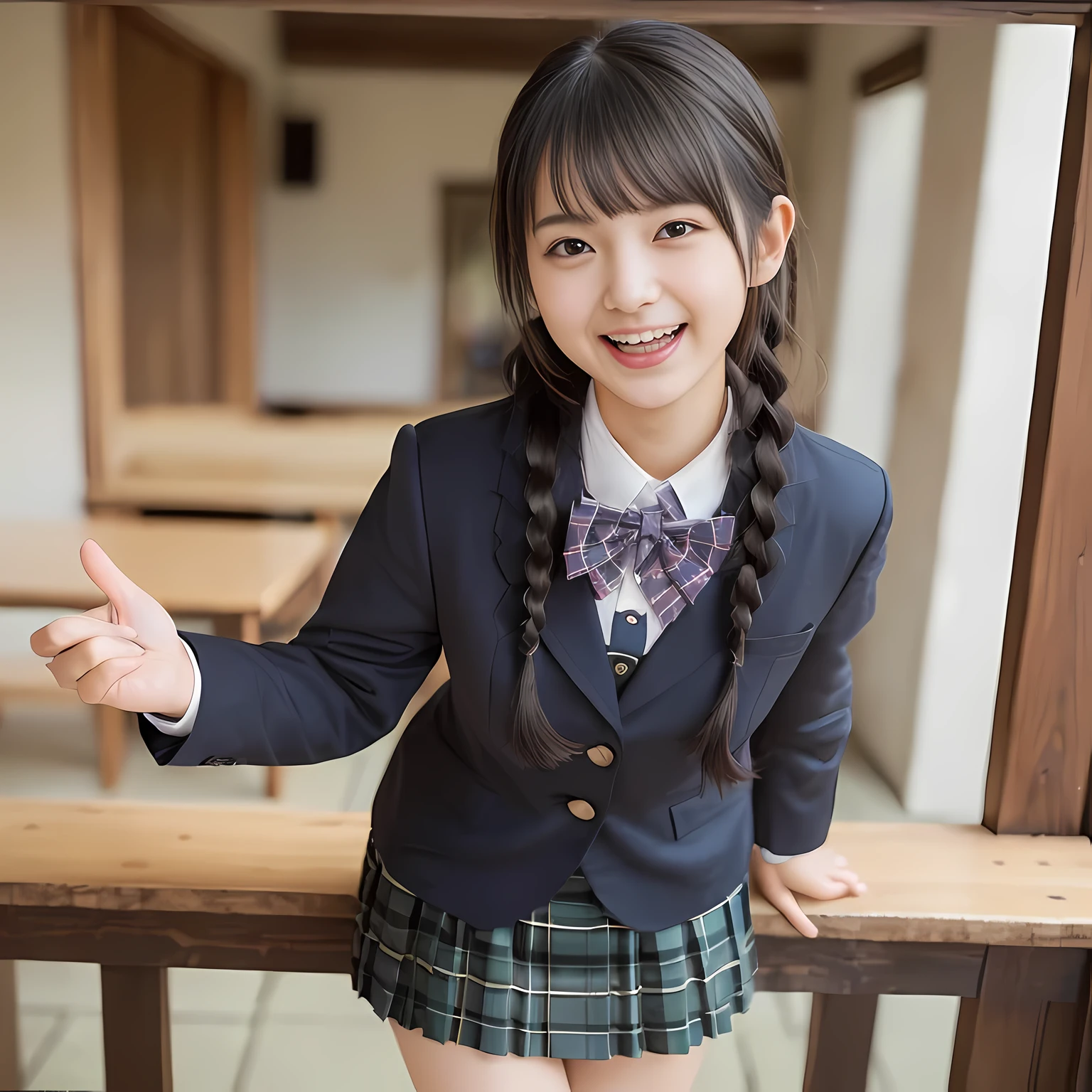 (highest quality、masterpiece:1.2)、highest quality、Realistic、photograph、High resolution、1080p、8K、The face is especially pale., Physical Rendering、((Height: 165cm)), one Japanese girl、((((((An 18-year-old succubus in the form of a beautiful Japanese magazine fashion model is trying to grab the viewer with both hands and play tricks on him.)))))), School uniforms worn by popular models, (((big very detailed beautiful dark brown eyes))), ((blue girly large wine-red glossy polyester Japanese school ribbon bow tie)), (((black very beautiful and very very long braids hair))), ((((deep blue colored tartan checkered formal long pleated blue pleated skirt)))), ((A unpatterned formal dark blue blazer in solid that is slightly oversized and has an emblem on the left chest.)), (((((((laughing at me!))))))), Mouth open, The large blazer and skirt are very cute., detailed fingers, ((curled bangs)), Very beautiful succubus, ((Very large and very very very cute eyes of a Japanese girl, drawn with great care and attention to detail.)), double eyelids, Thin eyebrows, ((drooping eyes)), (((very long eyelashes))), ((cute lovely lovely laughing laughing cheeks)), ((Pure white light hits her face from above and in the front, making her skin and eyes shine beautifully.)), ((Strong light hits the nose and cheeks、It brings out the richness of the expression.)), (((((Her face is expressive, pure, very cute and intelligent.))))), ((tilting one's head))