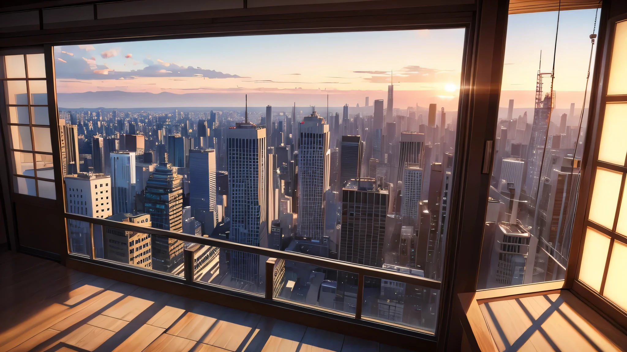 arafed view of a city from a window with a desk and lamp, cinematic shot ar 9:16 -n 6 -g, japonisme 3 d 8 k ultra detailed, 8k hdr morning light, set in tokyo rooftop, highly detailed photo 4k, 8k hdr sunset lit, highly detailed 4k, highly detailed 4 k