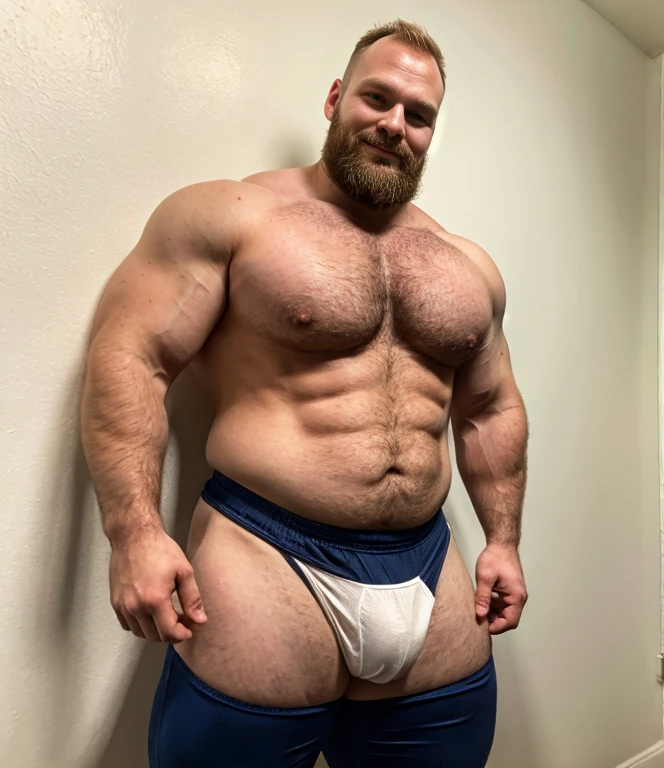 arafed man with a beard and a shirt on holding a jacket, beefy, thicc, robust stocky body, beefcake pose, muscular!!, mid-shot of a hunky, technoviking male with no shirt, (sfw) safe for work, gigachad muscular, muscular!!!, fluffy chest, muscular character, muscular!, hot beefy man, white underwear thong, beard moustache