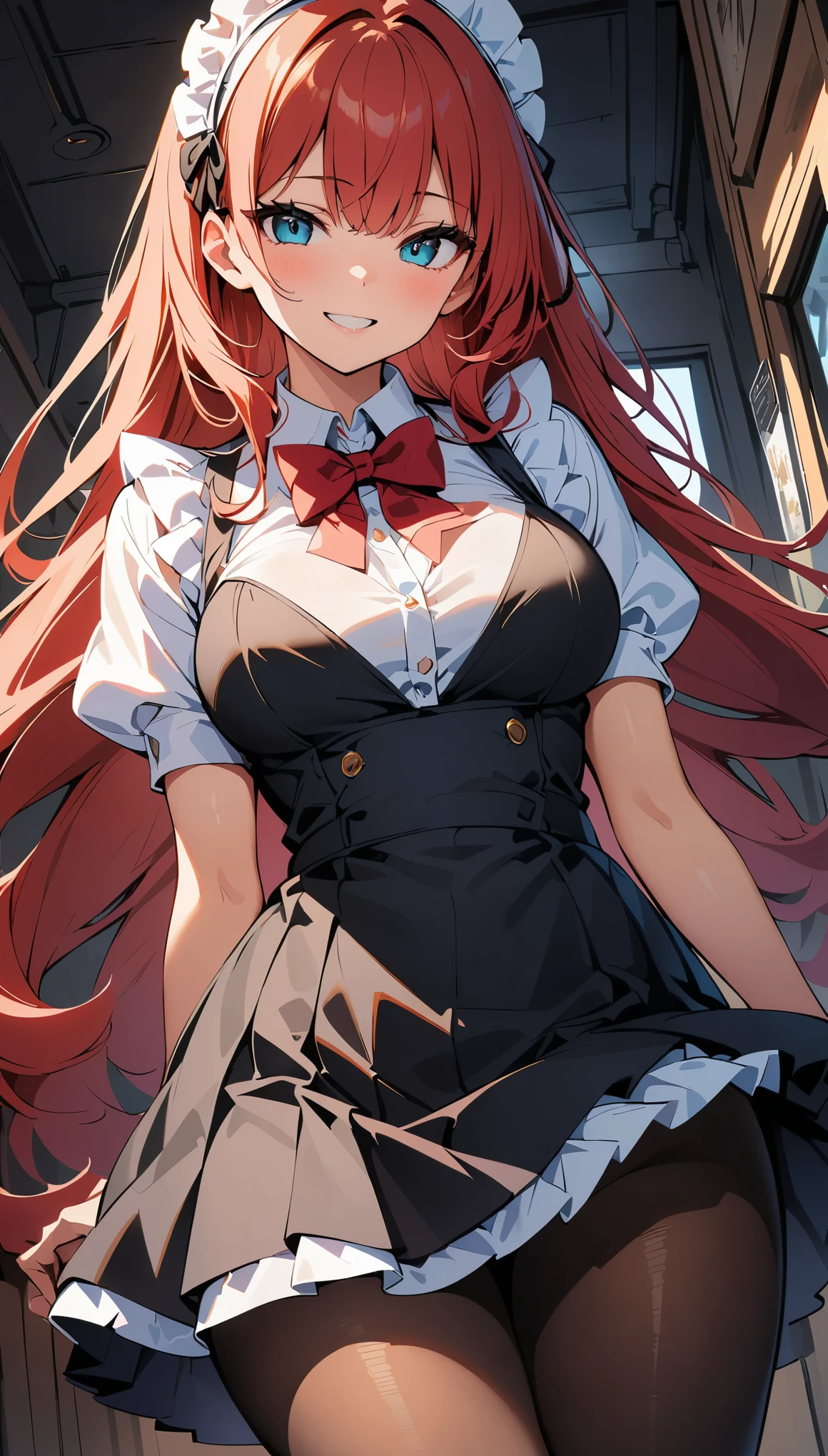 (high quality, 8k, 4K, High Contrast, masterpiece:1.2, 最high quality, Best aesthetics), Beauty, Maid, Very detailed, Seductive and erotic girl with lace headdress, smile, (red hair, Super long straight hair), Focus on the face, Focus on the face, Complex eyes, tights, 40デニールの黒tights, coffee shop, Low angle shot, Dynamic Angle,