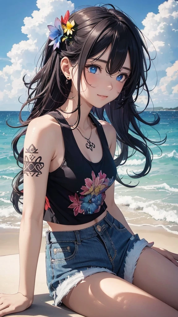 (masterpiece, best quality, ultra detailed, ultra high resolusion, highres,8k:1.4), BREAK,20_years_old, 1giri sitting-on-the-the edge-of-the-waves,smile, beach, (looking away:1.7), (dark_skin:1.2),(tribal_tatoo:1.2),(wavy hairs),(messy hair),(asymmetry bangs),(multicolored hair), 
Tsurime Eyes, (((blue eyes))),
((flower hair ornament)),(shortpants,tanktop:1.4), sunset, from side, 