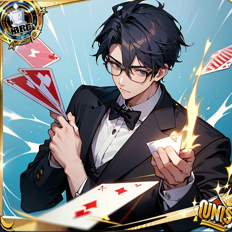 A handsome boy that have a specs and holding a cards