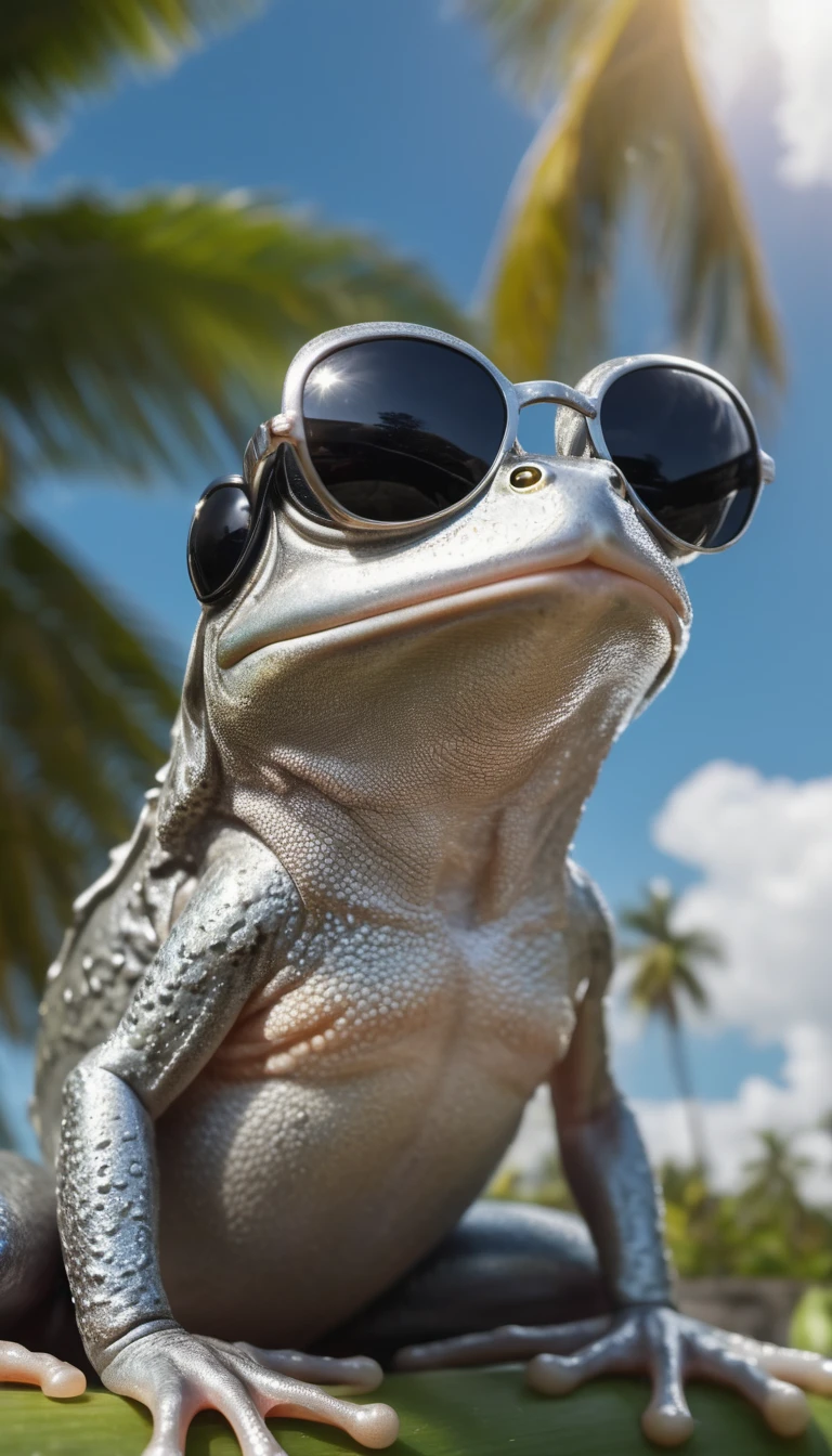 Ultra detailed photo of a silver frog wearing sunglasses under a tropical sky, daytime,|photographique, Realism is pushed to the extreme, Delicate texture, Lifelike, Movie, large format camera, Photorealism, DSLR camera, 8k ultra high definition, HDR, Super detailed, high quality, High contrast