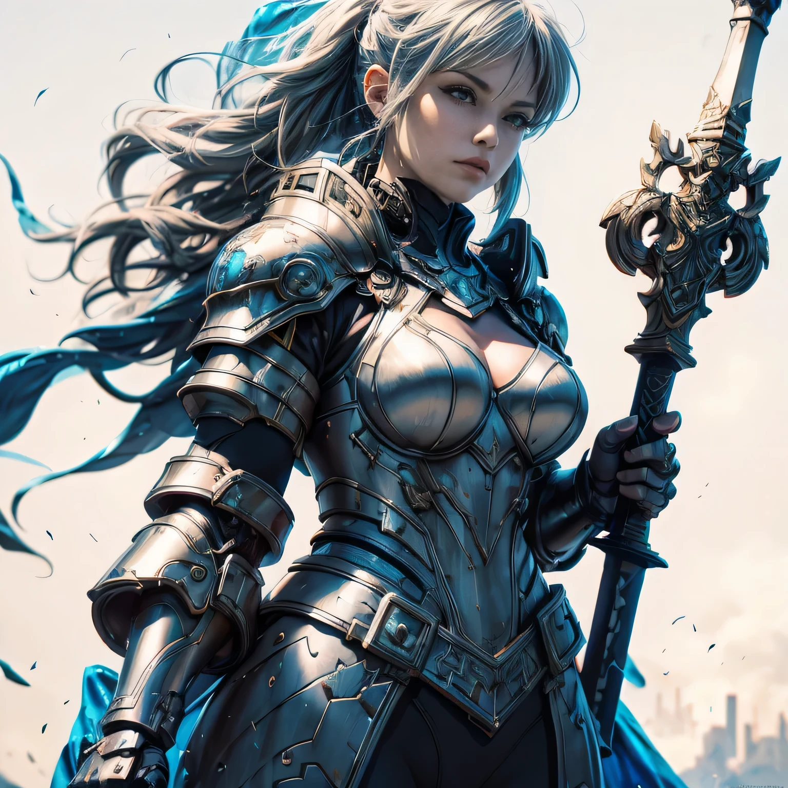 Close-up of a woman in armour standing in front of a sword, anime art wallpaper 4k, Less exposure、anime art wallpaper 4k, anime art wallpaper 8k, Anime Style 4k, 4K Detailed Digital Art, Highly detailed digital art in 4K, Amazing artwork in 8K, Beautiful art UHD 4K, Digital Cyberpunk Anime Art, rossdraws cartoon vibrant