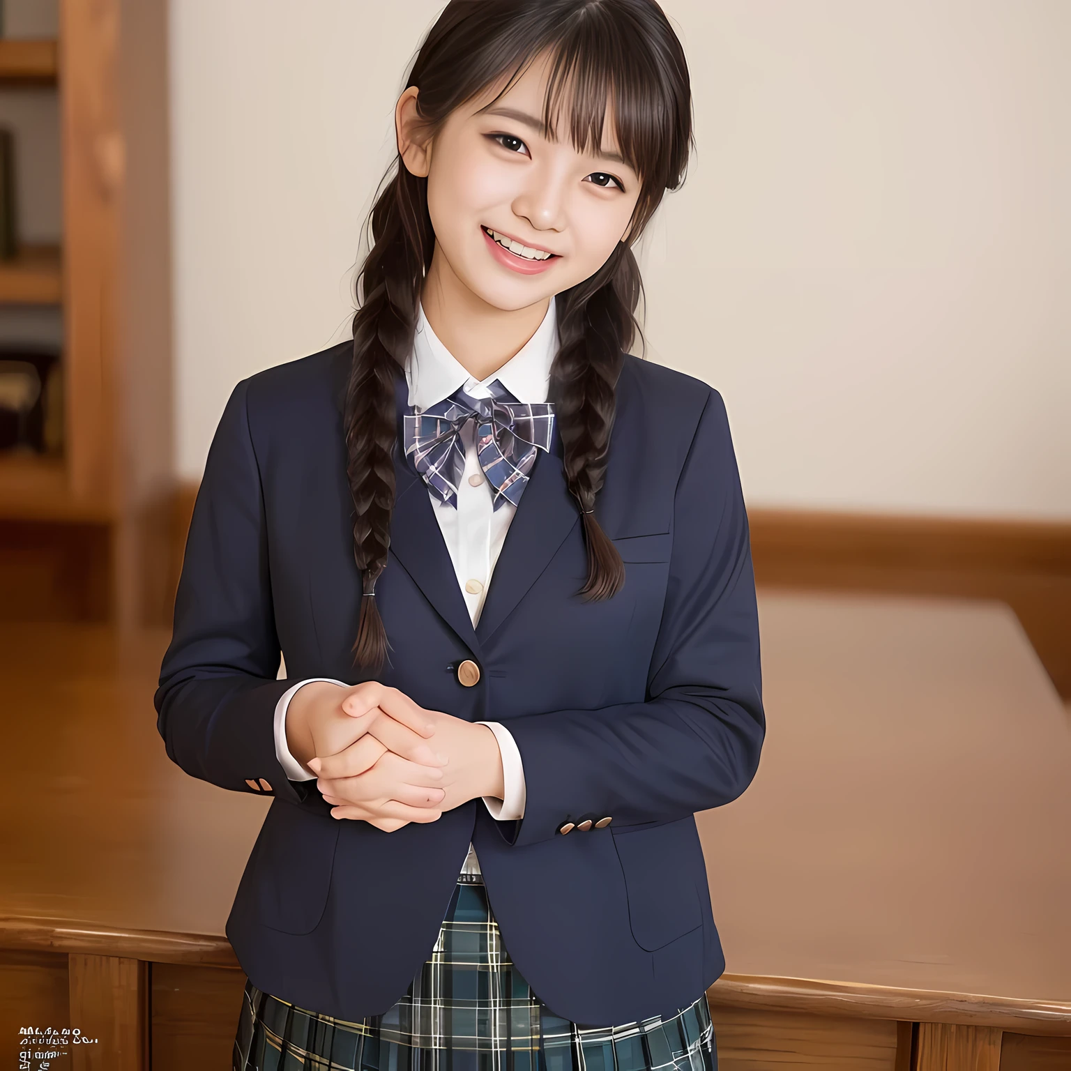 (highest quality、masterpiece:1.2)、highest quality、Realistic、photograph、High resolution、1080p、8K、The face is especially pale., Physical Rendering、((Height: 165cm)), one Japanese girl、((((((An 18-year-old succubus in the form of a beautiful Japanese magazine fashion model is trying to grab the viewer with both hands and play tricks on him.)))))), School uniforms worn by popular models, (((big very detailed beautiful dark brown eyes))), ((blue girly large wine-red glossy polyester Japanese school ribbon bow tie)), (((black very beautiful and very very long braids hair))), ((((deep blue colored tartan checkered formal long pleated blue pleated skirt)))), ((A unpatterned formal dark blue blazer in solid that is slightly oversized and has an emblem on the left chest.)), (((((((laughing at me!))))))), Mouth open, The large blazer and skirt are very cute., detailed fingers, ((curled bangs)), Very beautiful succubus, ((Very large and very very very cute eyes of a Japanese girl, drawn with great care and attention to detail.)), double eyelids, Thin eyebrows, ((drooping eyes)), (((very long eyelashes))), ((cute lovely lovely laughing laughing cheeks)), ((Pure white light hits her face from above and in the front, making her skin and eyes shine beautifully.)), ((Strong light hits the nose and cheeks、It brings out the richness of the expression.)), (((((Her face is expressive, pure, very cute and intelligent.))))), ((tilting one&#39;s head))
