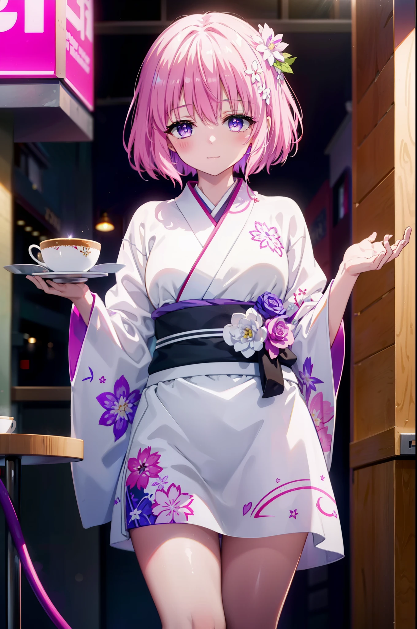 Momodeviluke, Deviluke type, demon tail, Hair Flowers, hair ornaments, (Purple eyes:1.1), Pink Hair, short hair, tail, smile,
break demon tail, Long Hair,happy smile, smile, Open your mouth,blush,Idol-style white kimono,long furisode,White mini cucumber,White tights,Zori sandals,tray, tray in one hand,A beautiful waitress with Long Hair comes to the table to take our order,As if your whole body is in the illustration,
break looking at viewer, (Cowboy Shot:1. 5)
break indoors, coffee shop, 
break (masterpiece:1.2), highest quality, High resolution, unity 8k wallpaper, (figure:0.8), (beautiful detailed eyes:1.6), extremely detailed face, Perfect lighting, extremely detailed CG, (Perfect hands, Perfect Anatomy),