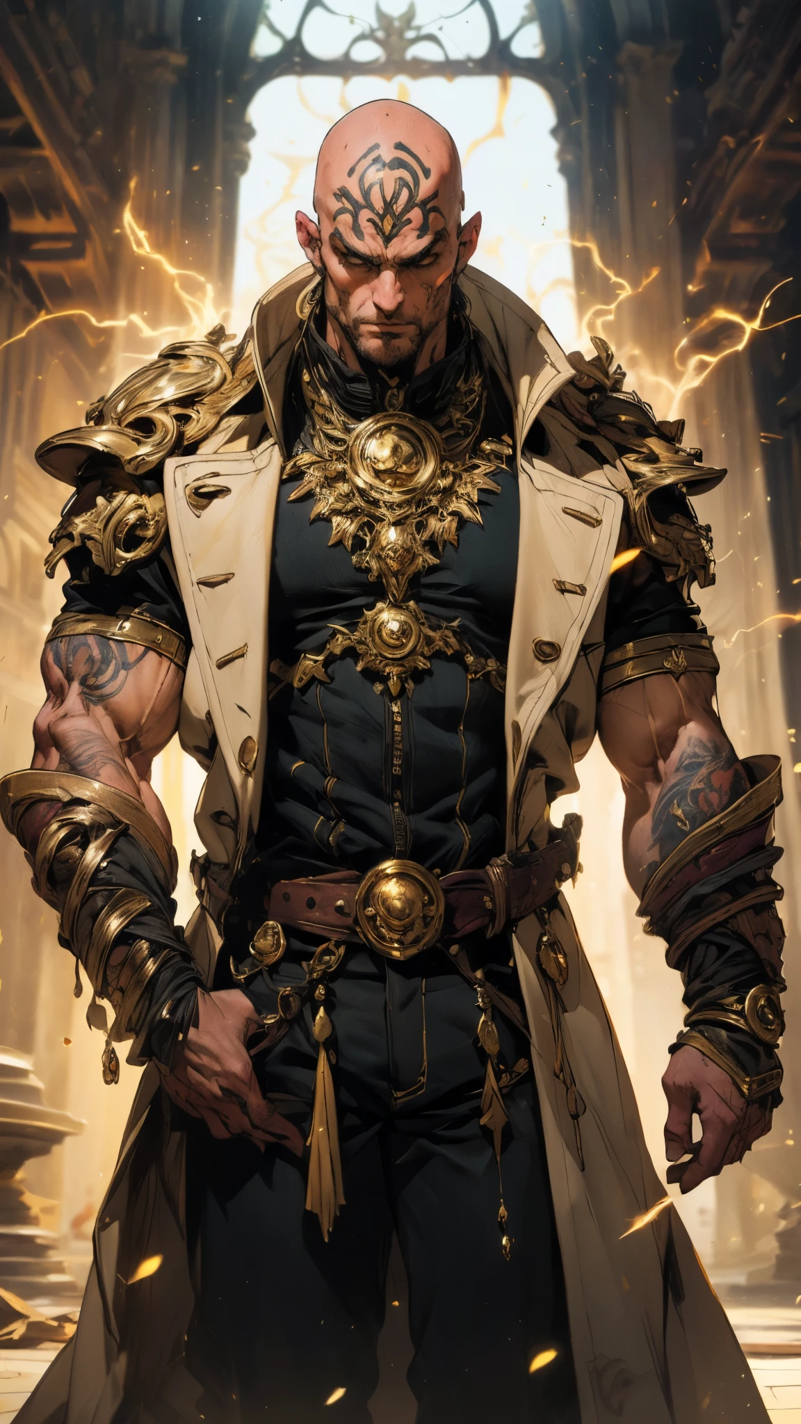 A bald man, ((red tattoos on his head and face), wise gaze, charismatic features, sturdy yet slender figure, a fantasy-style tight-fitting long coat, adorned with luxurious golden decorations on the collar and shoulders and waist, matching loose trousers, his palms emit a radiant glow, encircled by light and electricity, the ground to crack beneath him, this character embodies a finely crafted fantasy martial arts-style overlord in anime style, exquisite and mature manga art style, mature male, high definition, best quality, highres, ultra-detailed, ultra-fine painting, extremely delicate, professional, perfect body proportions, golden ratio, anatomically correct, symmetrical face, extremely detailed eyes and face, high quality eyes, creativity, RAW photo, UHD, 32k, Natural light, cinematic lighting, masterpiece-anatomy-perfect, masterpiece:1.5