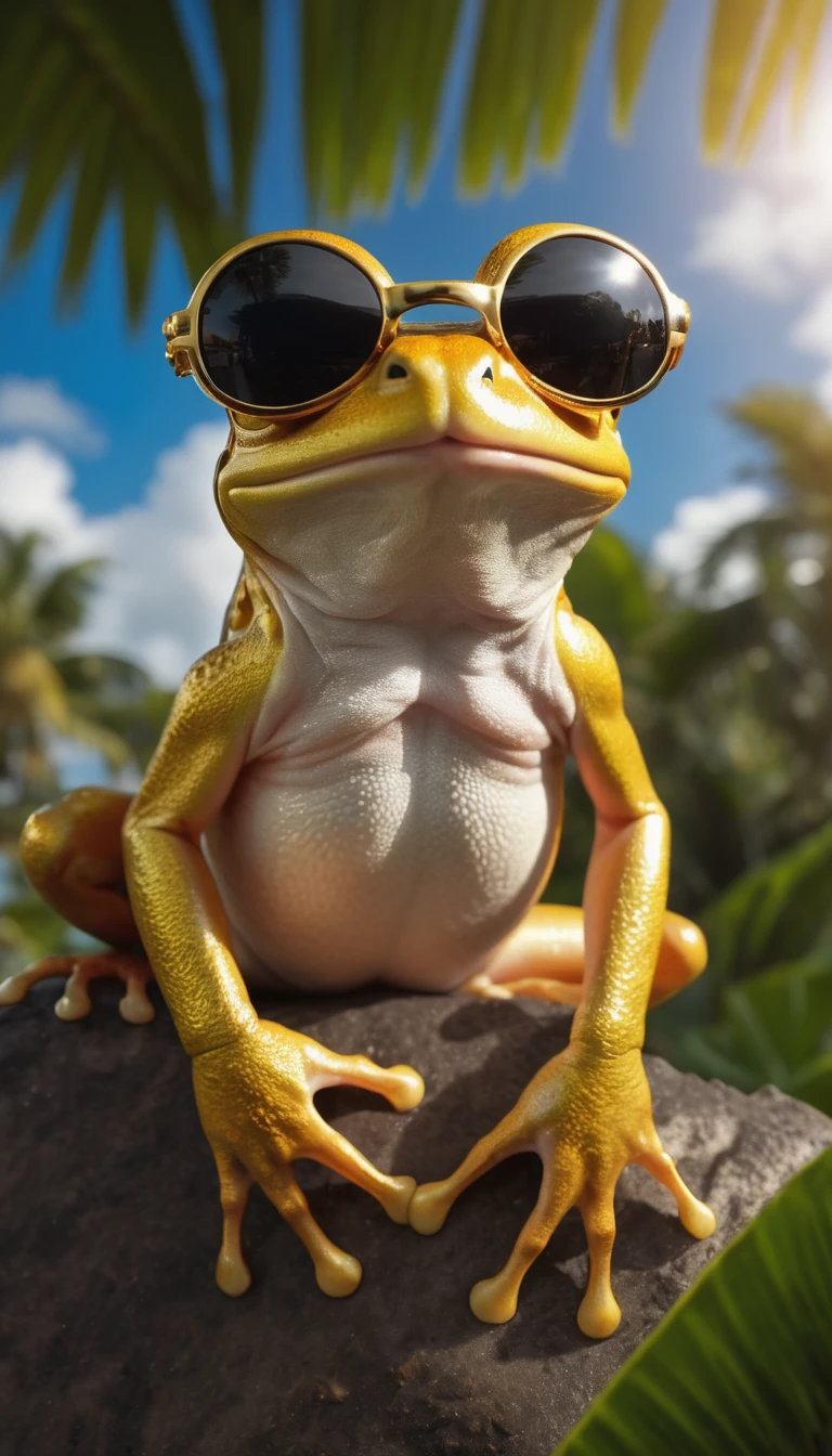 Ultra detailed photo of a golden frog wearing sunglasses under a tropical sky, daytime,|photographique, Realism is pushed to the extreme, Delicate texture, Lifelike, Movie, large format camera, Photorealism, DSLR camera, 8k ultra high definition, HDR, Super detailed, high quality, High contrast