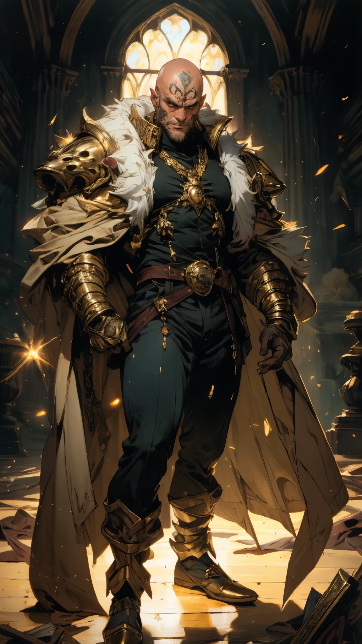 A bald man, ((red tattoos on his head and face), wise gaze, charismatic features, sturdy yet slender figure, a fantasy-style tight-fitting long coat, adorned with luxurious golden decorations on the collar and shoulders and waist, matching loose trousers, his palms emit a radiant glow, encircled by light and electricity, the ground to crack beneath him, this character embodies a finely crafted fantasy martial arts-style overlord in anime style, exquisite and mature manga art style, mature male, high definition, best quality, highres, ultra-detailed, ultra-fine painting, extremely delicate, professional, perfect body proportions, golden ratio, anatomically correct, symmetrical face, extremely detailed eyes and face, high quality eyes, creativity, RAW photo, UHD, 32k, Natural light, cinematic lighting, masterpiece-anatomy-perfect, masterpiece:1.5