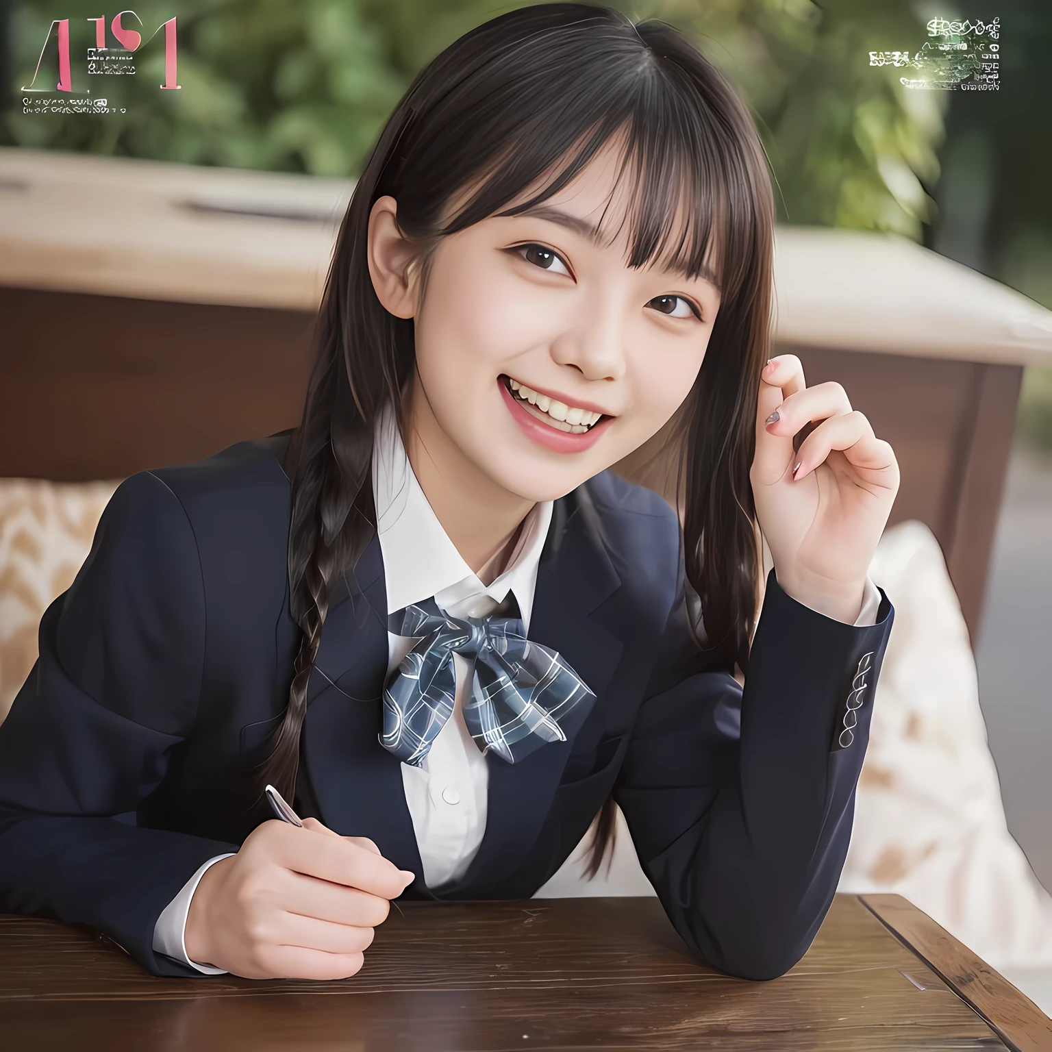 (highest quality、masterpiece:1.2)、highest quality、Realistic、photograph、High resolution、1080p、8K、The face is especially pale., Physical Rendering、((Height: 160cm)), one Japanese girl、((((((A 16-year-old succubus in the form of a beautiful Japanese magazine fashion model)))))), ((((((They try to captivate and dominate the viewer with their beauty.)))))), School uniforms worn by popular models, (((big very detailed beautiful dark brown eyes))), ((blue girly large wine-red glossy polyester Japanese school ribbon bow tie)), (((black very beautiful and very very long braids or very very long hair))), ((((deep blue colored tartan checkered formal long pleated blue pleated skirt)))), ((A unpatterned formal dark blue blazer in solid that is slightly oversized and has an emblem on the left chest.)), (((((((laughing at me!))))))), Mouth open, The large blazer and skirt are very cute., detailed fingers, ((curled bangs)), Very beautiful succubus, ((Very large and very very very cute eyes of a Japanese girl, drawn with great care and attention to detail.)), double eyelids, Thin eyebrows, ((drooping eyes)), (((very long eyelashes))), ((cute lovely lovely laughing laughing cheeks)), ((Pure white light hits her face from above and in the front, making her skin and eyes shine beautifully.)), ((Strong light hits the nose and cheeks、It brings out the richness of the expression.)), (((((Her facial features are very expressive lovely smile, very very pure, very very intelligent.))))), ((tilting one&#39;s head)), ((The background is the altar of the succubus temple.))