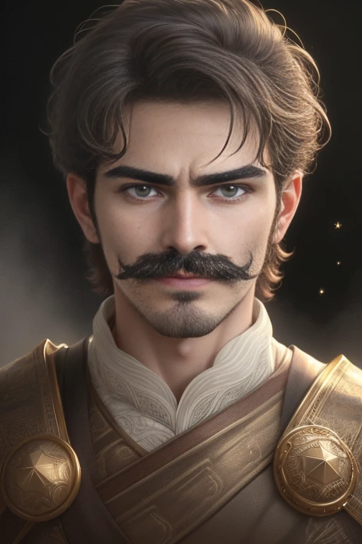 1man with mustache,close up,Real Human,photorealestic,Handsome face,Extremely detailed cinematic effects,soothing tones,insanely details,intricately details,ultra - detailed,(A 25-year-old boy,Serious expressions),The eyes glow white(Star-like eyes)