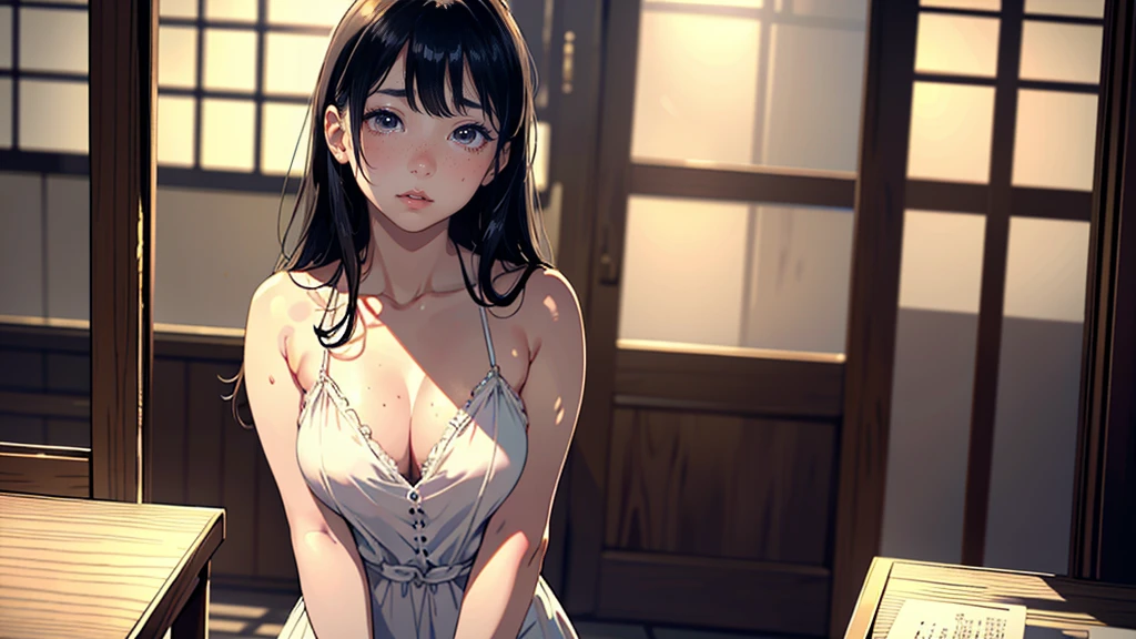 masterpiece, highest quality, (Highly detailed CG Unity 8k wallpaper), (highest quality), (Best illustrations), (Best Shadow), Confused, Realistic lighting, (abyss), Beautiful and delicate shine,Random Pause,((Camisole dress with lustrous and luxurious details)),Cute freckles on the cheeks,Mole under left eye, Sunburn mark, Japanese Model, Young sensual gravure idol, yasumoto oka, A real young gravure idol, A woman who is shy when the camera is pointed at her,赤くなったSunburn mark,Embarrassing,avert your eyes,