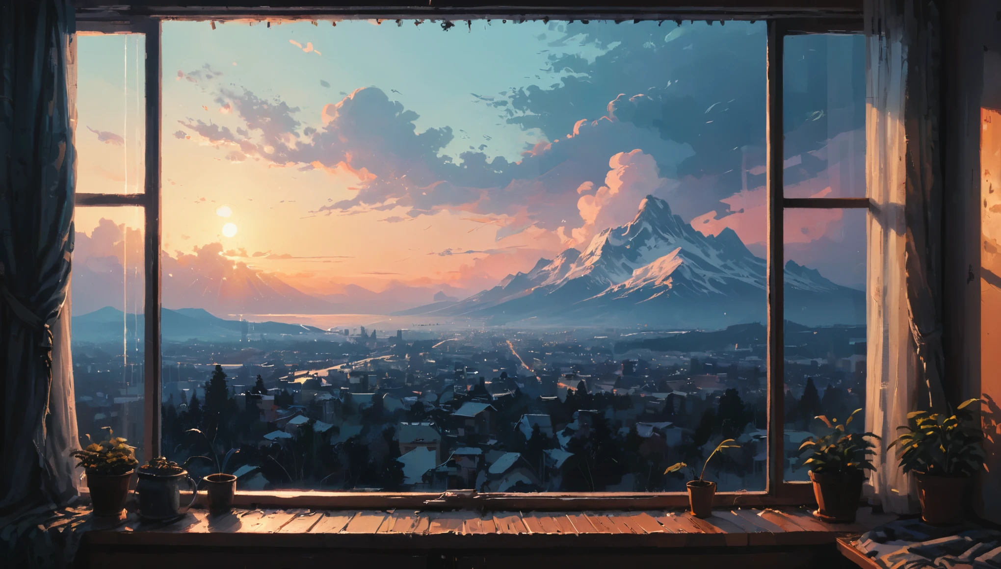 The View Outside the Window, by Alena Aenami, (masterpiece, best quality, perfect composition, very aesthetic, absurdres, ultra-detailed, intricate details, Professional, official art, Representative work:1.3)