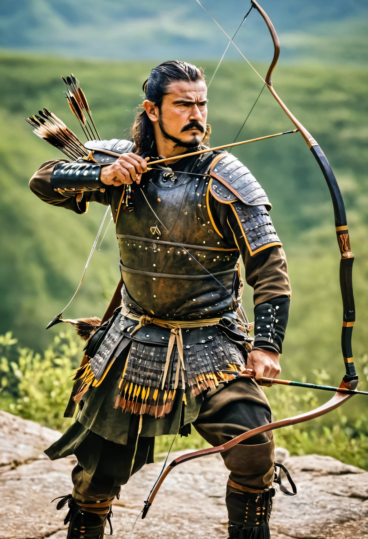 A man who is a warrior with a long bow 