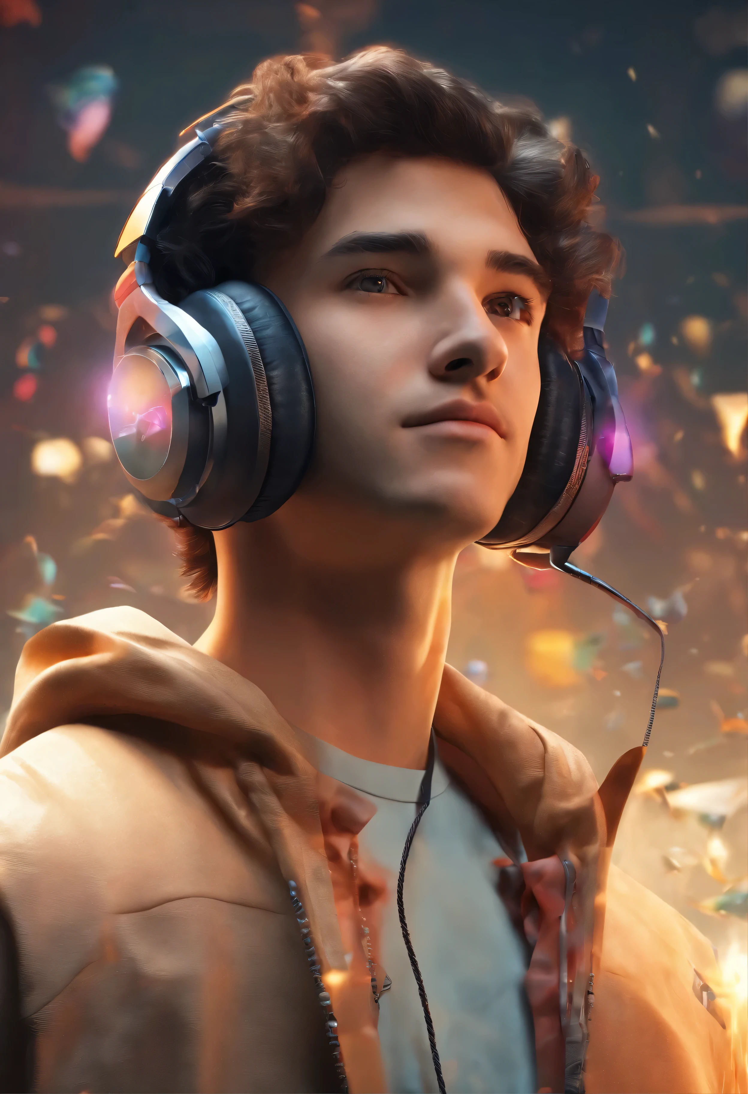 Create a compelling double exposure photograph that seamlessly merges the presence of a 18 year old Caucasian male wearing headphones and the wonders of video gaming.