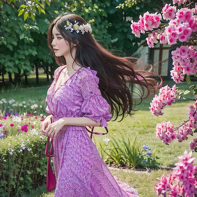 a girl in a beautiful garden, vibrant colors, exquisite details, high-resolution artwork, vivid flowers, lush green grass, the girl's flowing hair, a serene and peaceful atmosphere, natural sunlight illuminating the scene, the girl standing tall with an elegant pose, delicate features of her face, graceful gestures, a sense of tranquility, a touch of fantasy, the girl's dress flowing in the wind, captivating beauty, a masterpiece.