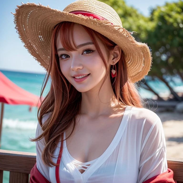 a beautiful girl, gal, gyaru, (blush:1.3, blush stickers), sketch, shy, illustration, beautiful, red eyes, messy redhead hair, oda eiichirou,1woman,handsome girl,Sea, pirate ship, Sunshine,toothy grin, pirate flag, seagull, D.va's signature smile, hands on straw hat,red jacket, straw hat with red ribbon, straw hat, looking at viewer, solo, upper body,(extremely detailed),(extremely detailed face),(extremely detailed eyes), watercolor, illustration, depth of field, sketch, sharp focus, soft lighting, hdr, colorful, good composition, fire all around, spectacular, closed shirt