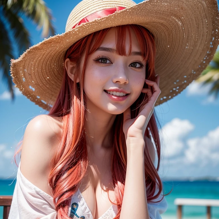 a beautiful girl, gal, gyaru, (blush:1.3, blush stickers), sketch, shy, illustration, beautiful, red eyes, messy redhead hair, oda eiichirou,1woman,handsome girl,Sea, pirate ship, Sunshine,toothy grin, pirate flag, seagull, D.va's signature smile, hands on straw hat,red jacket, straw hat with red ribbon, straw hat, looking at viewer, solo, upper body,(extremely detailed),(extremely detailed face),(extremely detailed eyes), watercolor, illustration, depth of field, sketch, sharp focus, soft lighting, hdr, colorful, good composition, fire all around, spectacular, closed shirt