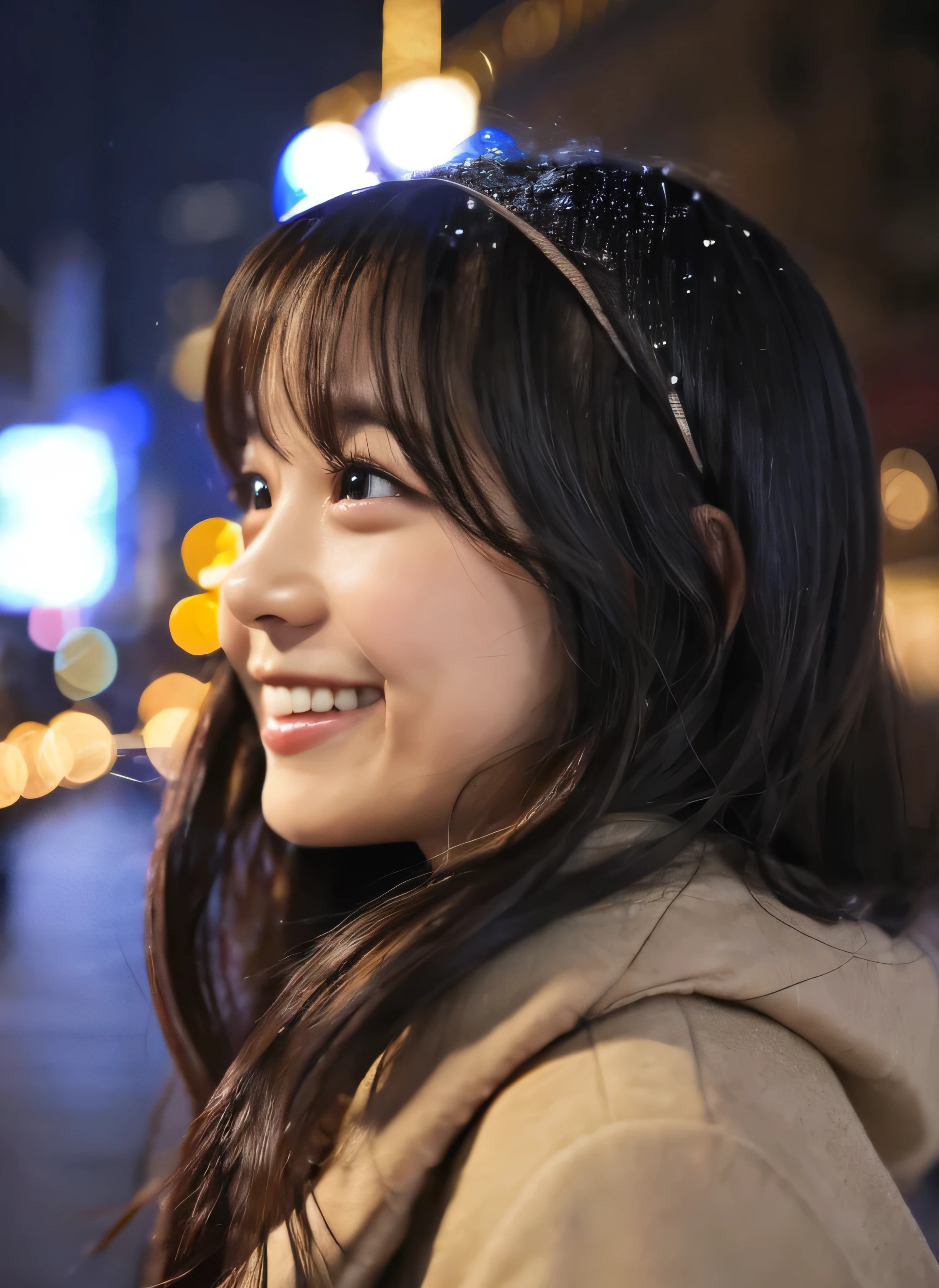 1 girl, (put on a coat:1.2), (RAW Photos, highest quality), (Realistic, Photorealistic:1.4), Tabletop, Very delicate and beautiful, Very detailed, 2k wallpaper, wonderful, finely, very detailed CG Unity 8k wallpaper, Very detailed, High resolution, Soft Light, Beautiful detailed girl, Very detailed目と顔, Beautiful and detailed nose, finely beautiful eyes, Cinema Lighting, Illuminations that light up the city on a snowy night, Snow Scene, that&#39;it&#39;s snowing, Perfect Anatomy, tense air, Straight Long Hair, Looking at the audience, smile, Hokkaido serial murders, Disappearing into the Sea of Okhotsk, Tracking、Fluffy scarf、