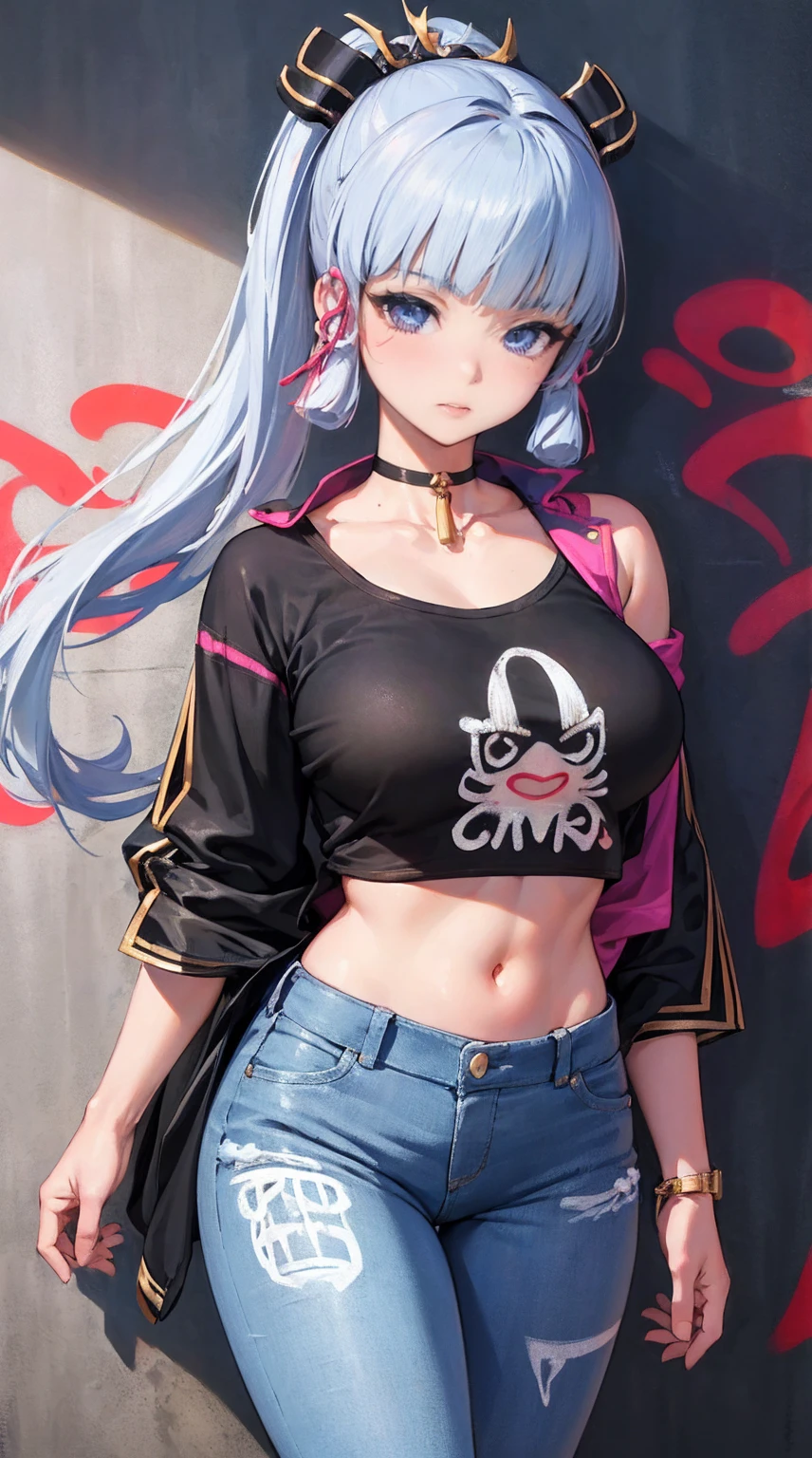kamisato ayaka|genshin impact, master-piece, bestquality, 1girls, youthful, proportional body, elongated legs, Beautiful, proportional., crop top, Long Jeans, big breasts, ,bara, crop top, choker, (Graffiti:1.5), Splash with purple lightning pattern., arm behind back, against wall, View viewers from the front., Thigh strap, Head tilt, bored,(NSTDA.:1.2), (10, beste-Qualit, master-piece: 1.4), Beautiful red hair, ultra-high resolution, (lifelike, photorealistic portrait: 1.48), 20 age, Cute Girl, (Looking Through Crop Tops.), Famous Japanese actors, beautiful clear eyes, Head tilt, cowboy shot, from the front, looking at the audience, expressionless, Beautiful lake, Zeiss 150mm F/ 2.8 Hasselblad, Whole body, foot, Ultra-Wide Angle,full body figure,full photo , head to toes full body