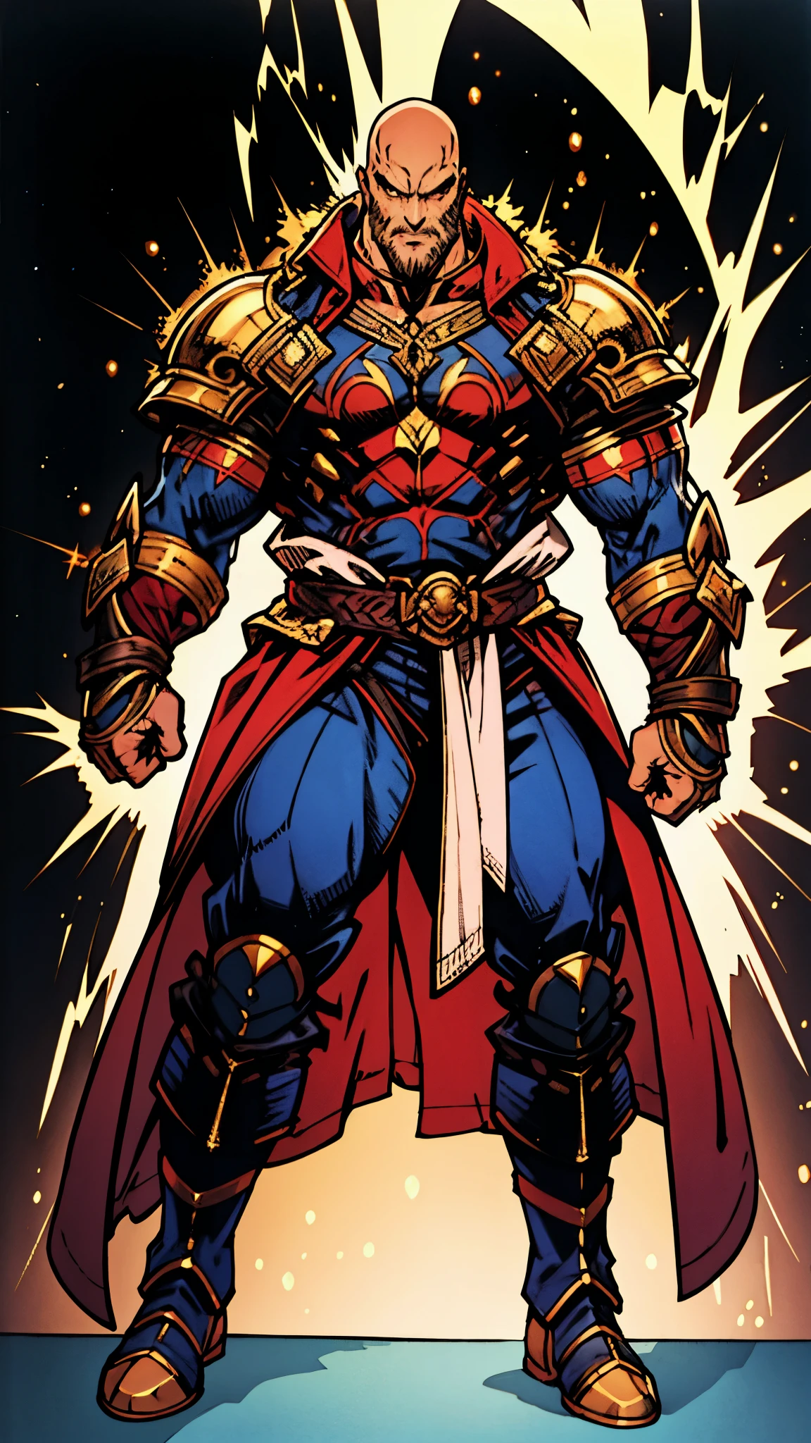 A bald man, ((red tattoos on his head and face)), wise gaze, charismatic features, sturdy yet slender figure, a fantasy-style tight-fitting long coat, adorned with luxurious golden decorations on the collar and shoulders and waist, matching loose trousers, his palms emit a radiant glow, encircled by light and electricity, the ground to crack beneath him, this character embodies a finely crafted fantasy martial arts-style overlord in anime style, exquisite and mature manga art style, mature male, high definition, best quality, highres, ultra-detailed, ultra-fine painting, extremely delicate, professional, perfect body proportions, golden ratio, anatomically correct, symmetrical face, extremely detailed eyes and face, high quality eyes, creativity, RAW photo, UHD, 32k, Natural light, cinematic lighting, masterpiece-anatomy-perfect, masterpiece:1.5